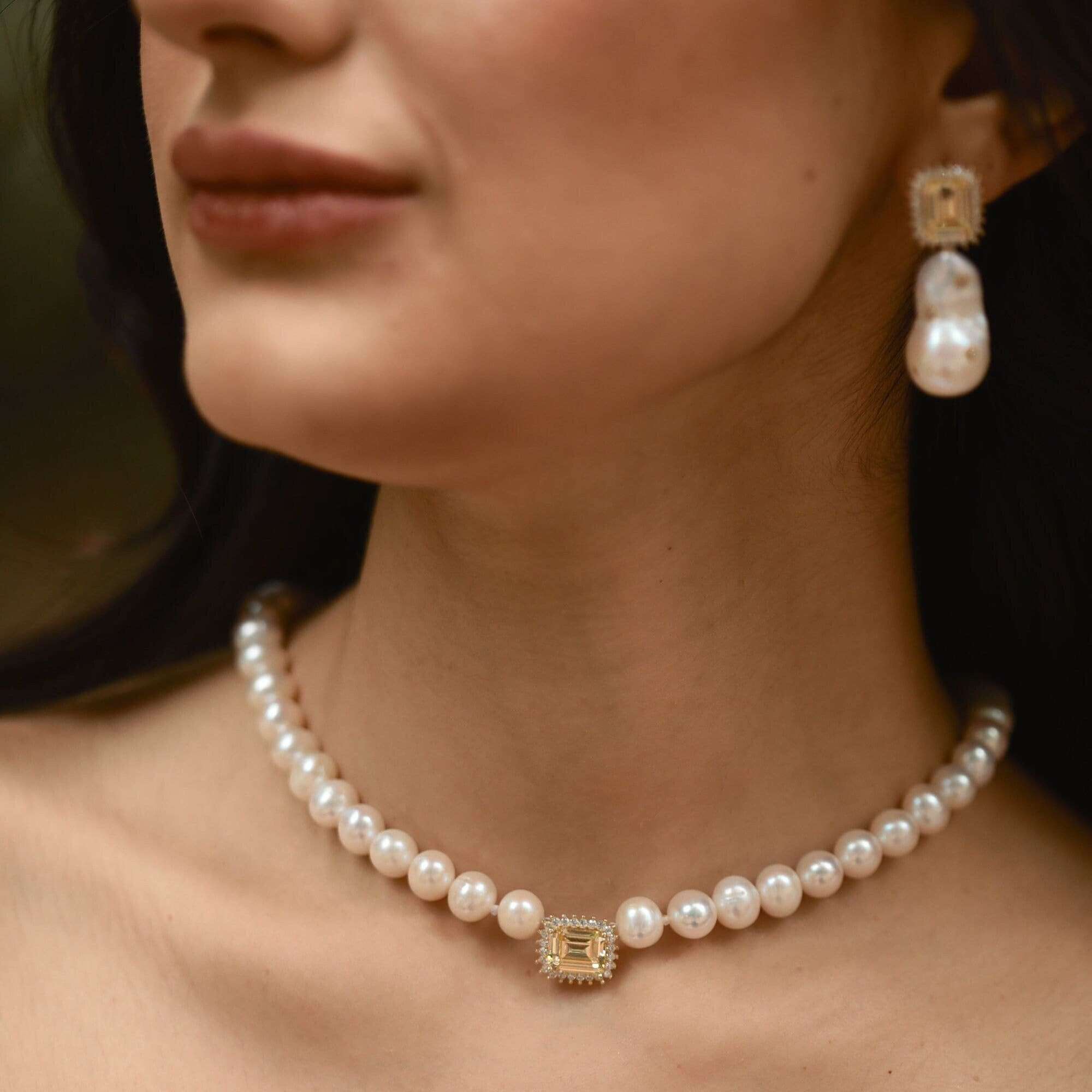 Set unico di collana girocollo e orecchini con ciondolo in citrino e perle, set di gioielli con citrino e perle, set di collana da sposa, set di perle