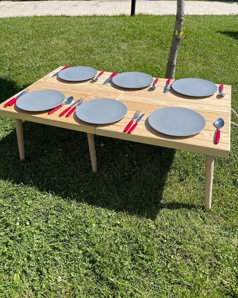 Tavolo boho, tavolo in legno, tavolo da picnic, tavolo pieghevole, tavolo fatto a mano, tavolo pieghevole, tavolo del Ringraziamento, tavolo da pranzo