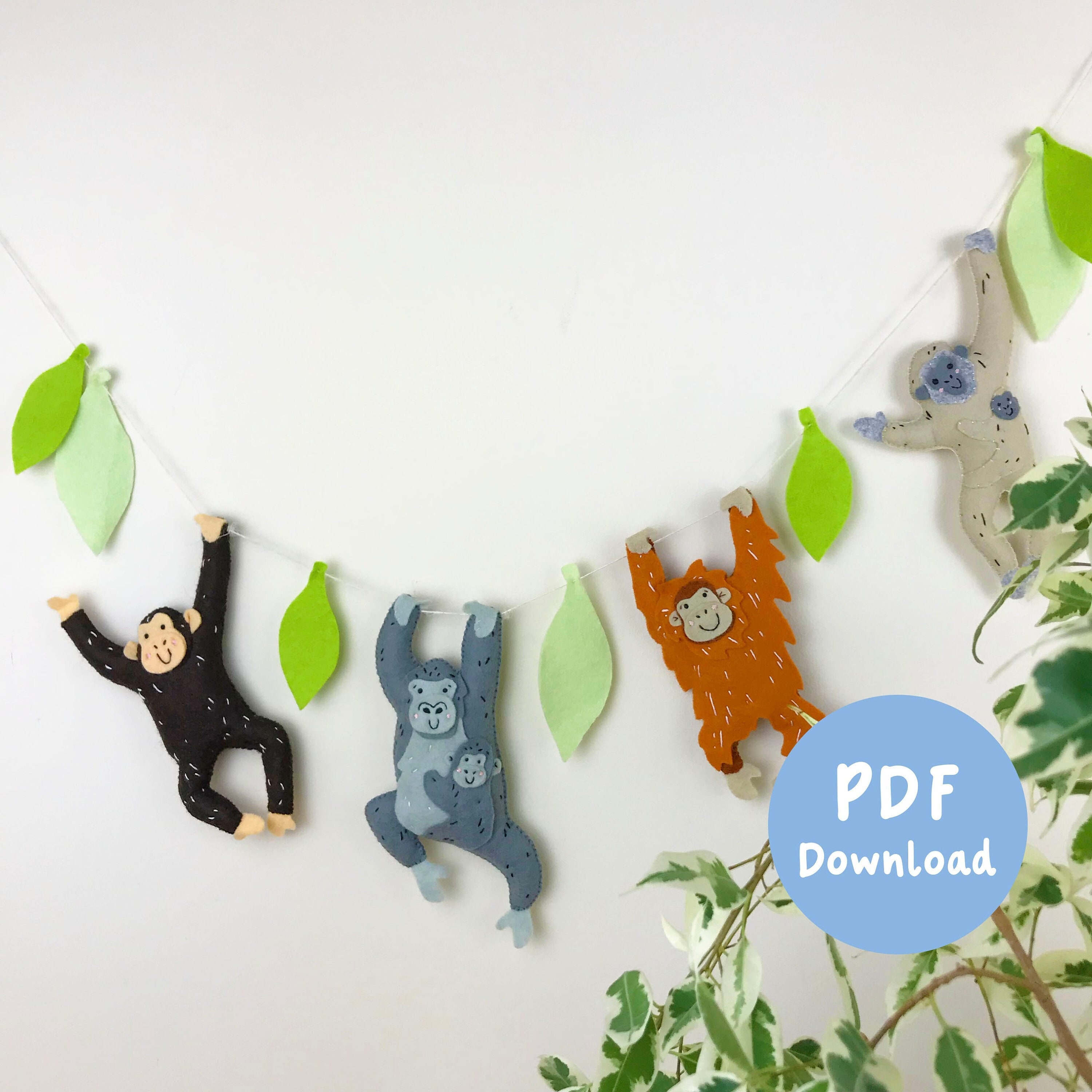 Istruzioni in PDF per cucire la tua ghirlanda di scimmiette in feltro, modello digitale in feltro, modello per peluche in feltro, scimmiette in feltro