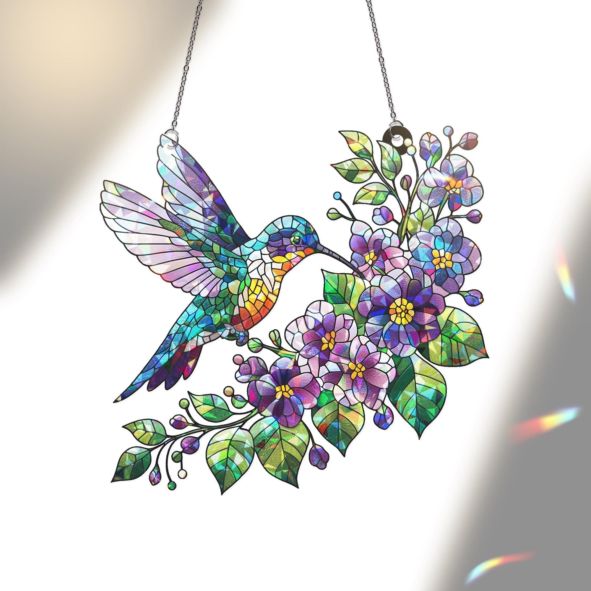 Acchiappasole olografico a forma di colibrì: decorazione floreale viola in acrilico per finestra