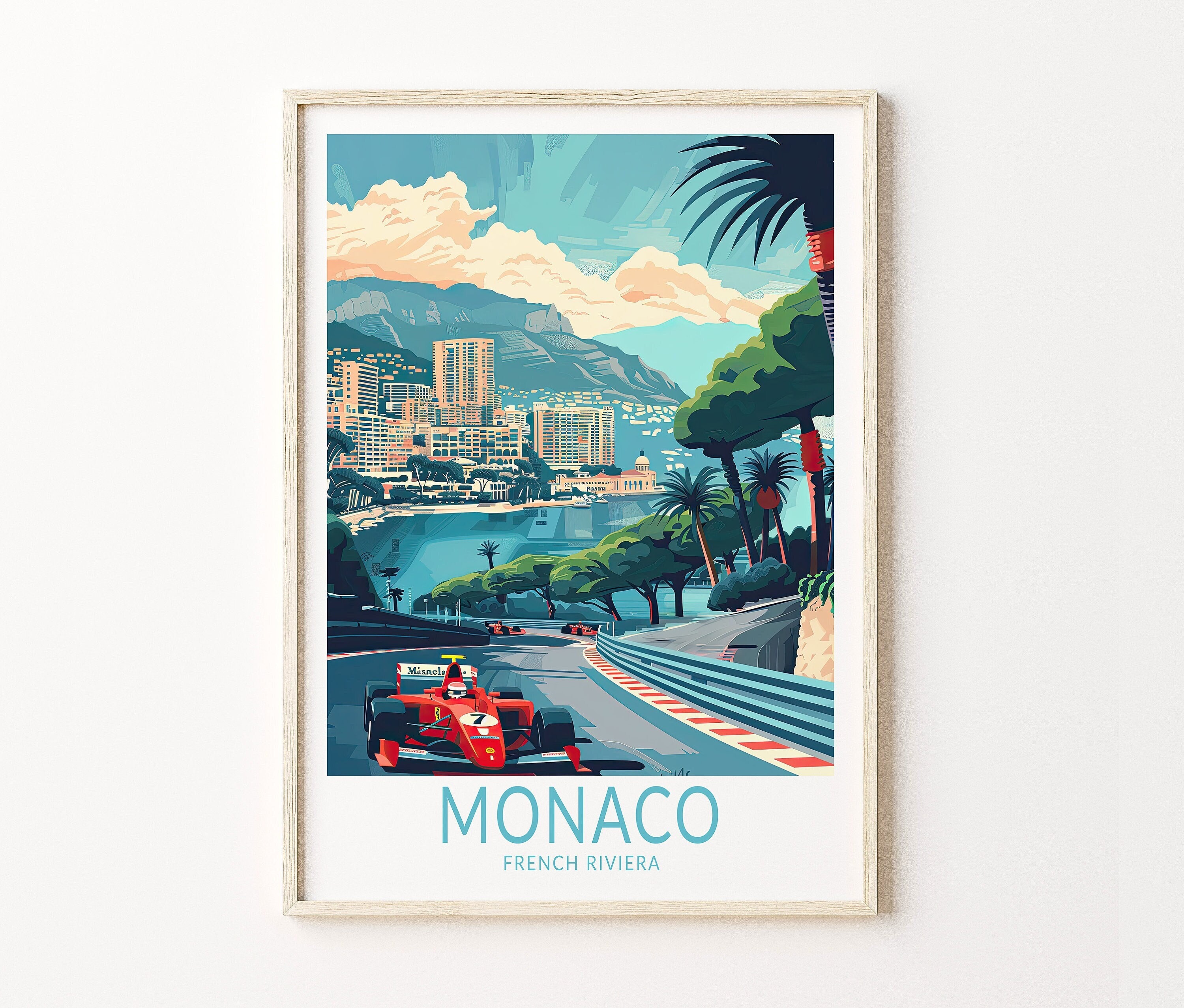 Poster di viaggio a Monaco, arte murale di viaggio sulla Costa Azzurra, stampa di Monaco sulla Costa Azzurra, decorazioni per la casa da viaggio, rega