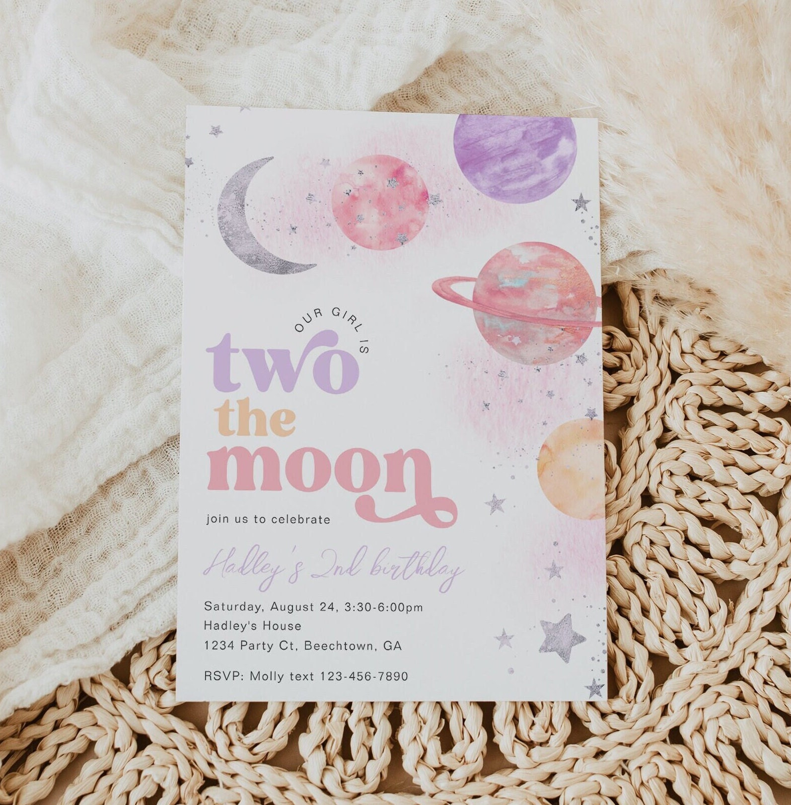 Invito alla festa di compleanno di Two the Moon, Argento Two the Moon Party, Invito digitale Two the Moon, Invito per il 2o compleanno della ragazza
