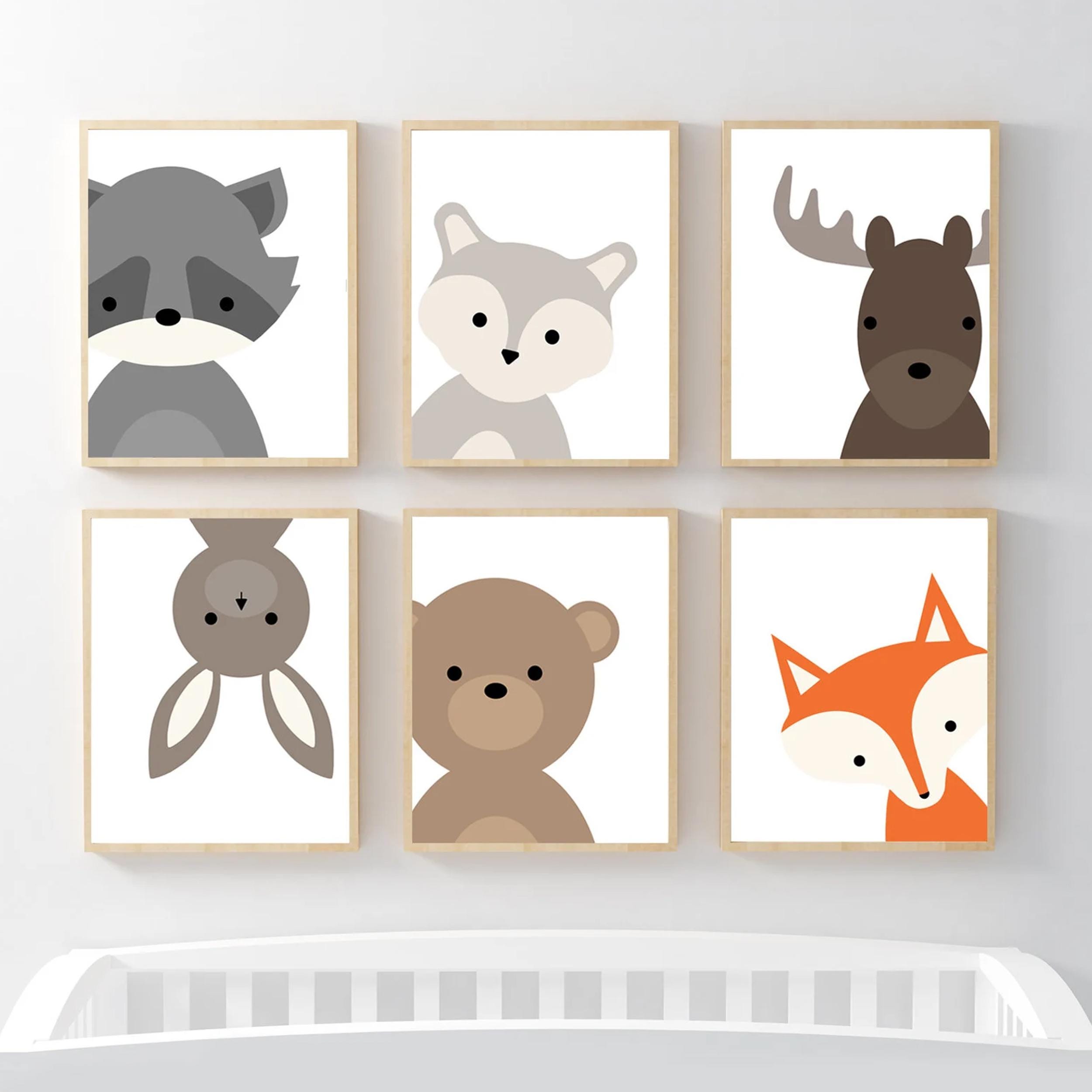 Decorazioni per cameretta dei bambini con tema bosco, cameretta dei bambini con animali del bosco, stampe per cameretta dei bambini con tema bosco, se