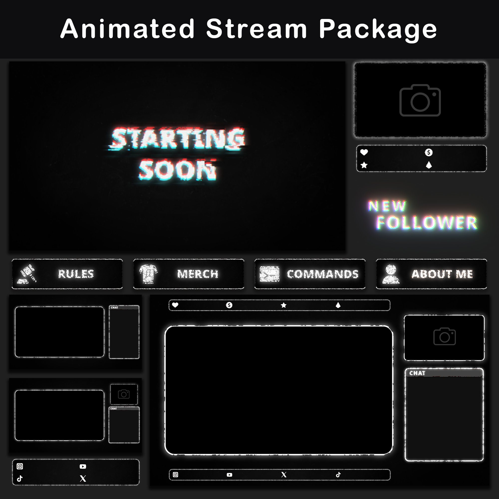 Pacchetto di overlay animati per Twitch in bianco e nero, pacchetto di overlay per streaming Dark Glitch, overlay OBS minimalista, layout di streaming