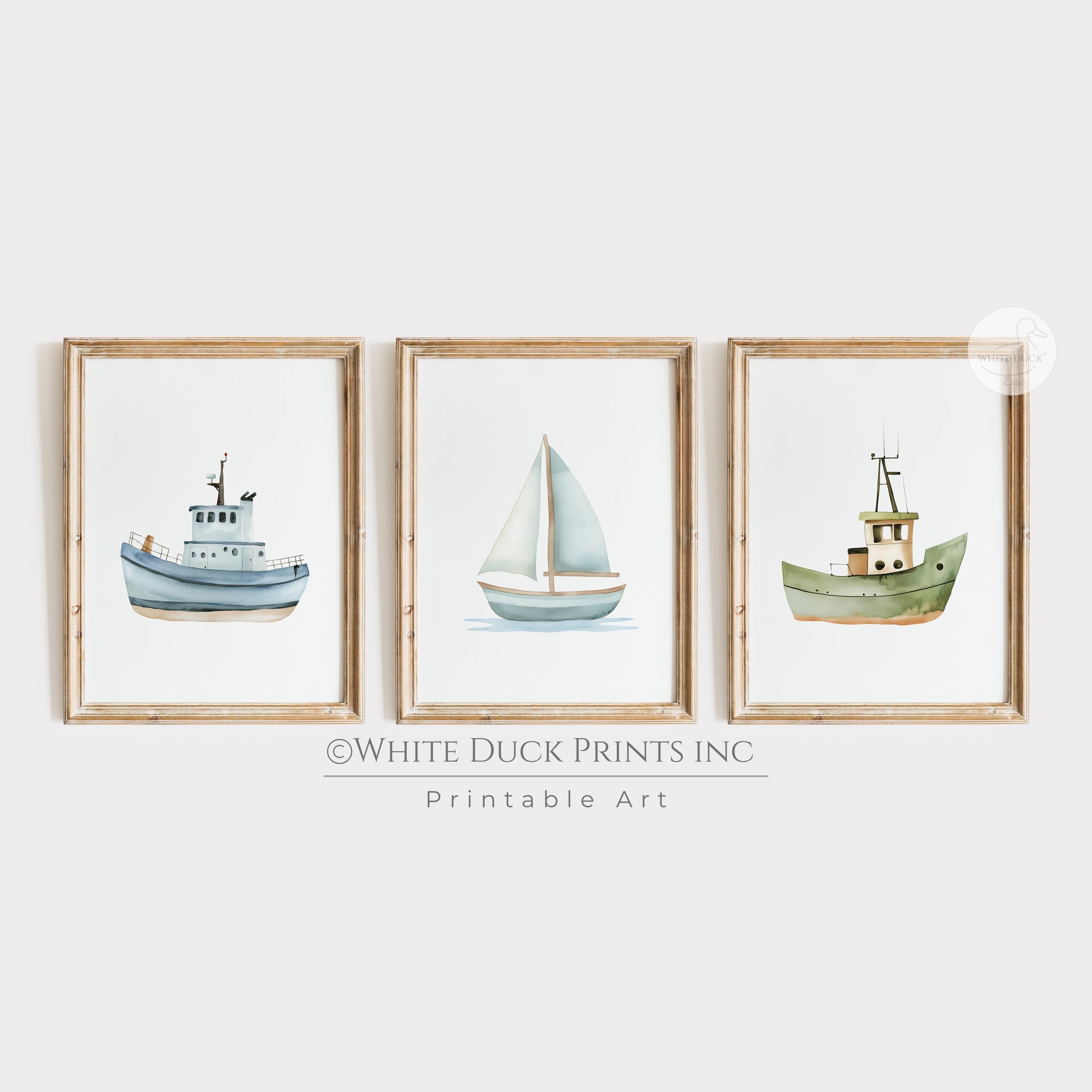 Set di 3 stampe artistiche di barche, decorazioni murali nautiche per la cameretta dei bambini, decorazioni da viaggio stampabili per la cameretta dei