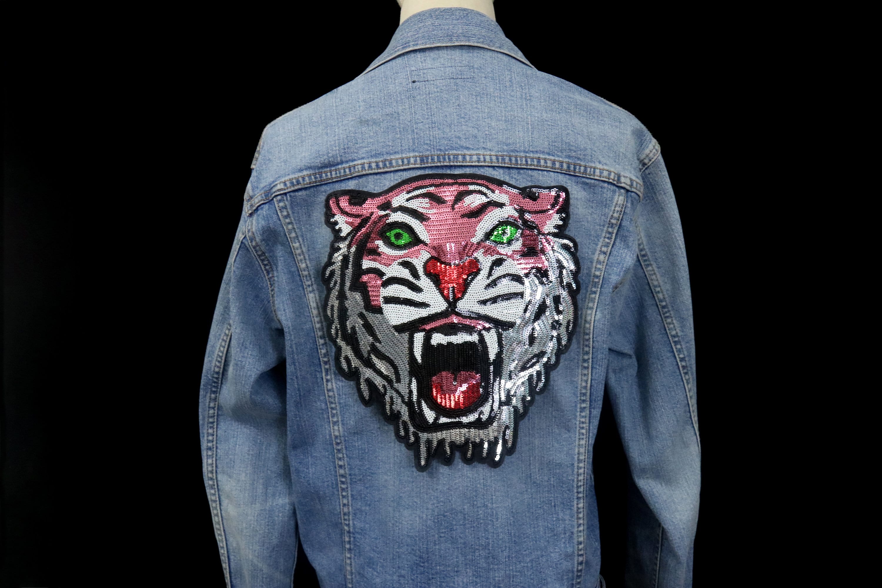 Grande toppa con tigre ruggente rosa e paillettes, toppa termoadesiva, toppa ricamata, applicazione, toppa per giacca, toppa per zaino 8*7 pollici