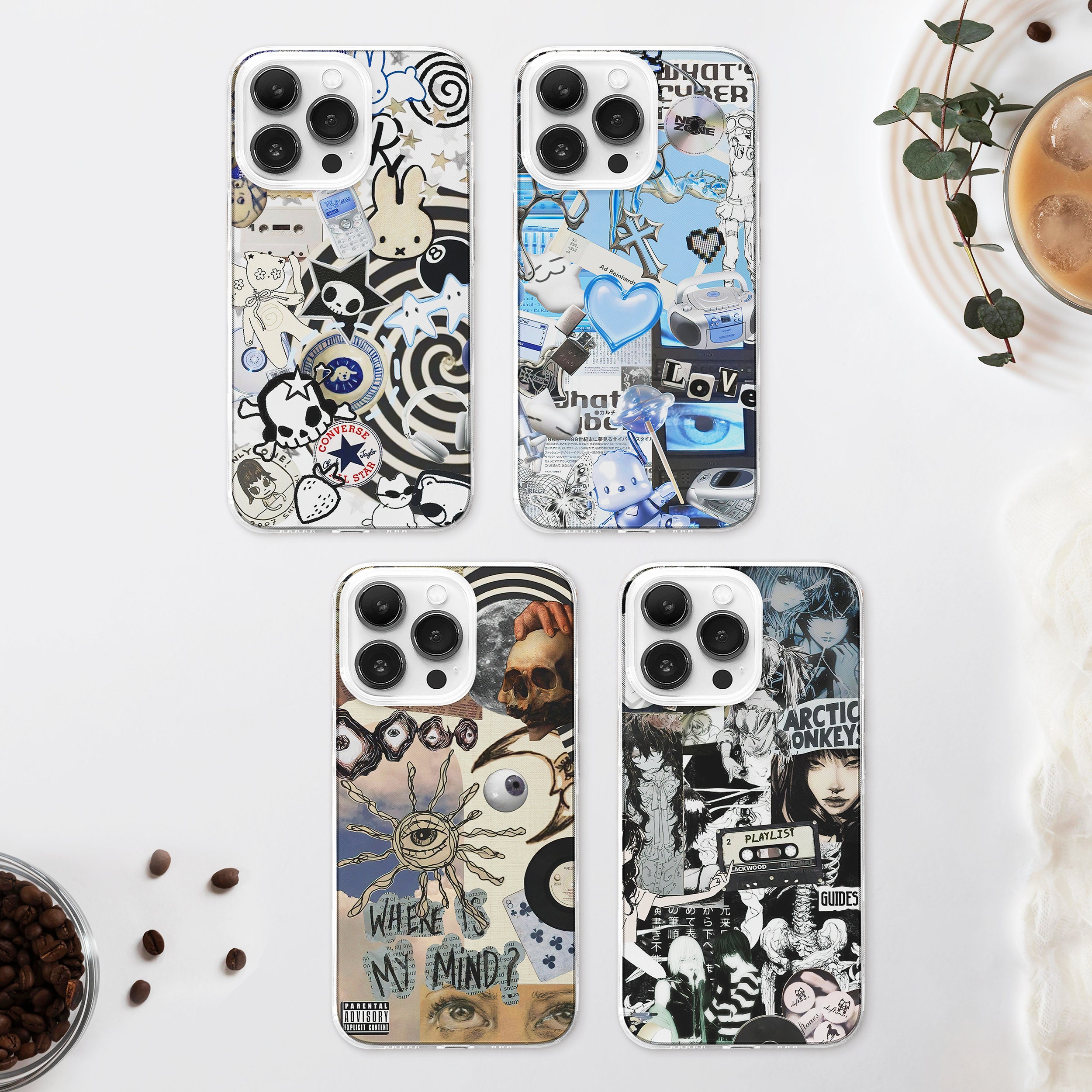 Custodia per telefono con collage grunge strano, cover moodboard y2k per iPhone 17, 16, 15 e 14 Samsung