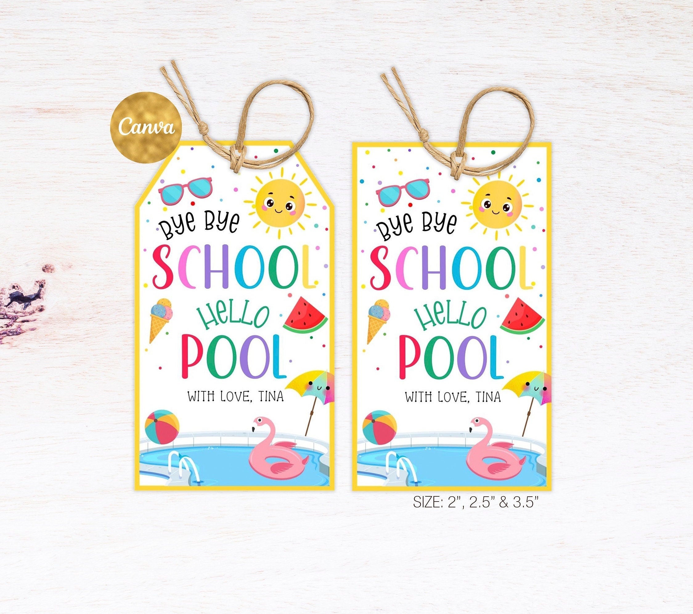 "Etichette regalo di fine anno scolastico modificabili, etichette regalo per biscotti estivi, etichette estive \"Bye Bye School Hello Pool\", etichette s"