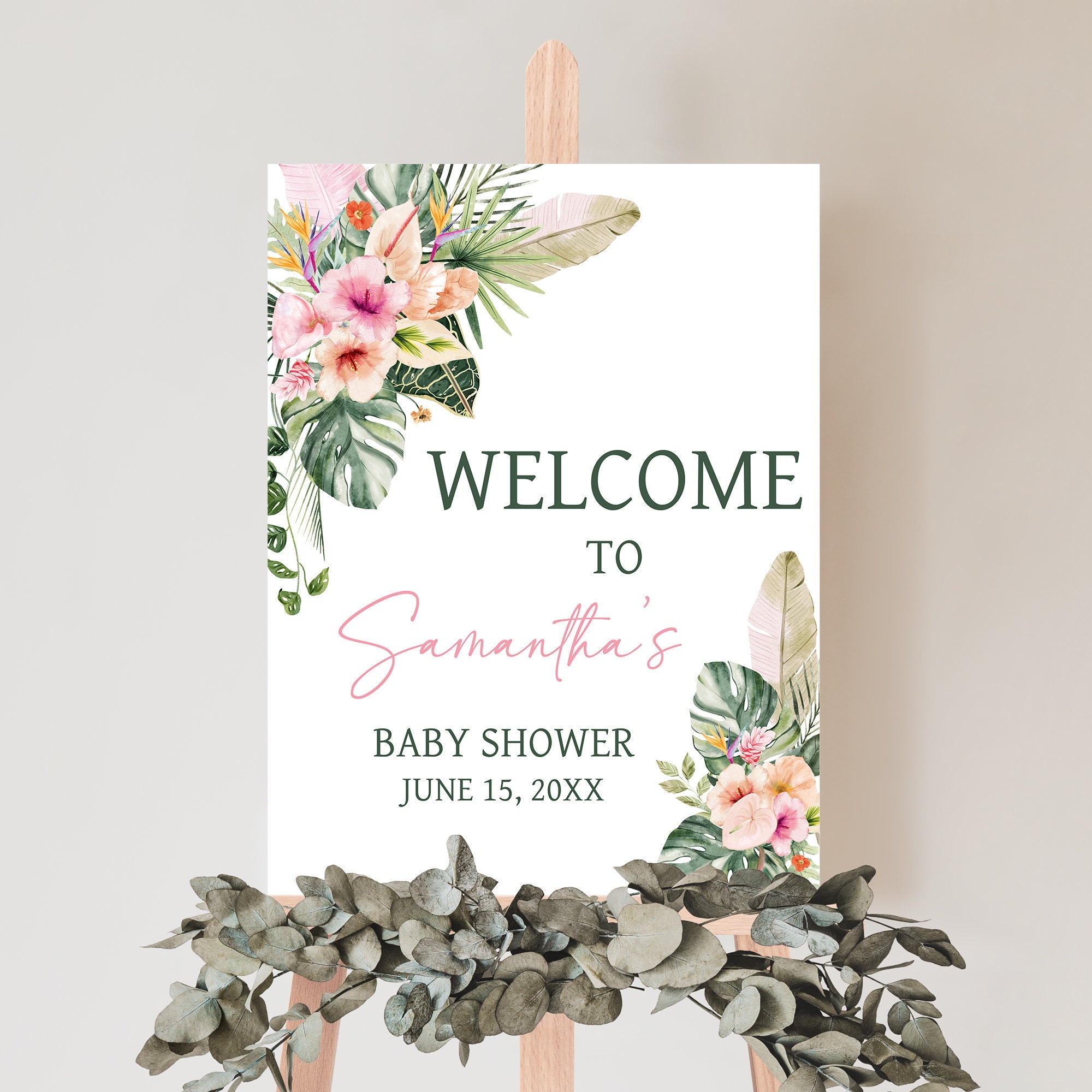 Cartello di benvenuto per baby shower tropicale floreale rosa modificabile, poster di benvenuto per baby shower Aloha Baby Girl, cartello per baby sho