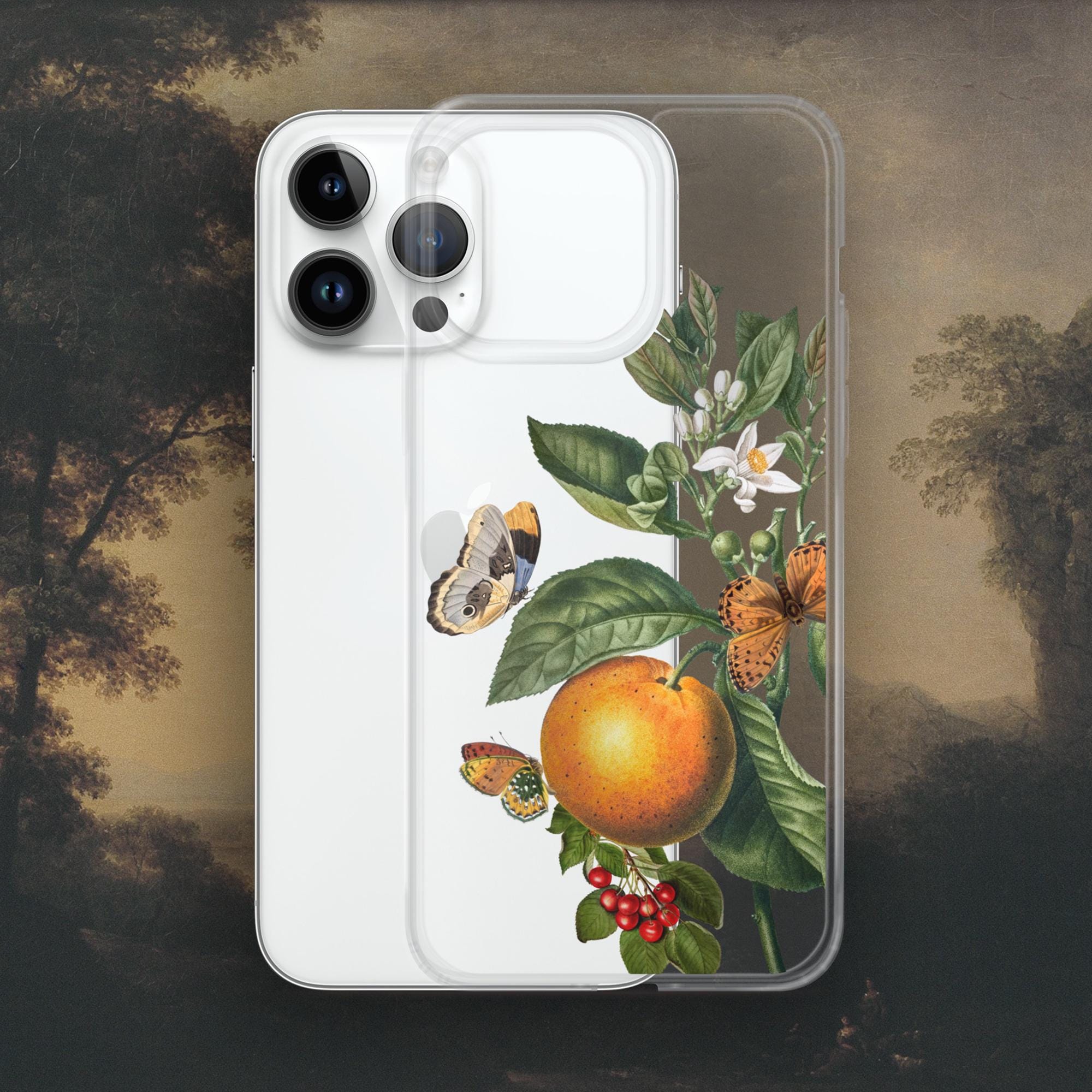 Custodia vintage botanica per iPhone, custodia trasparente estetica per iPhone
