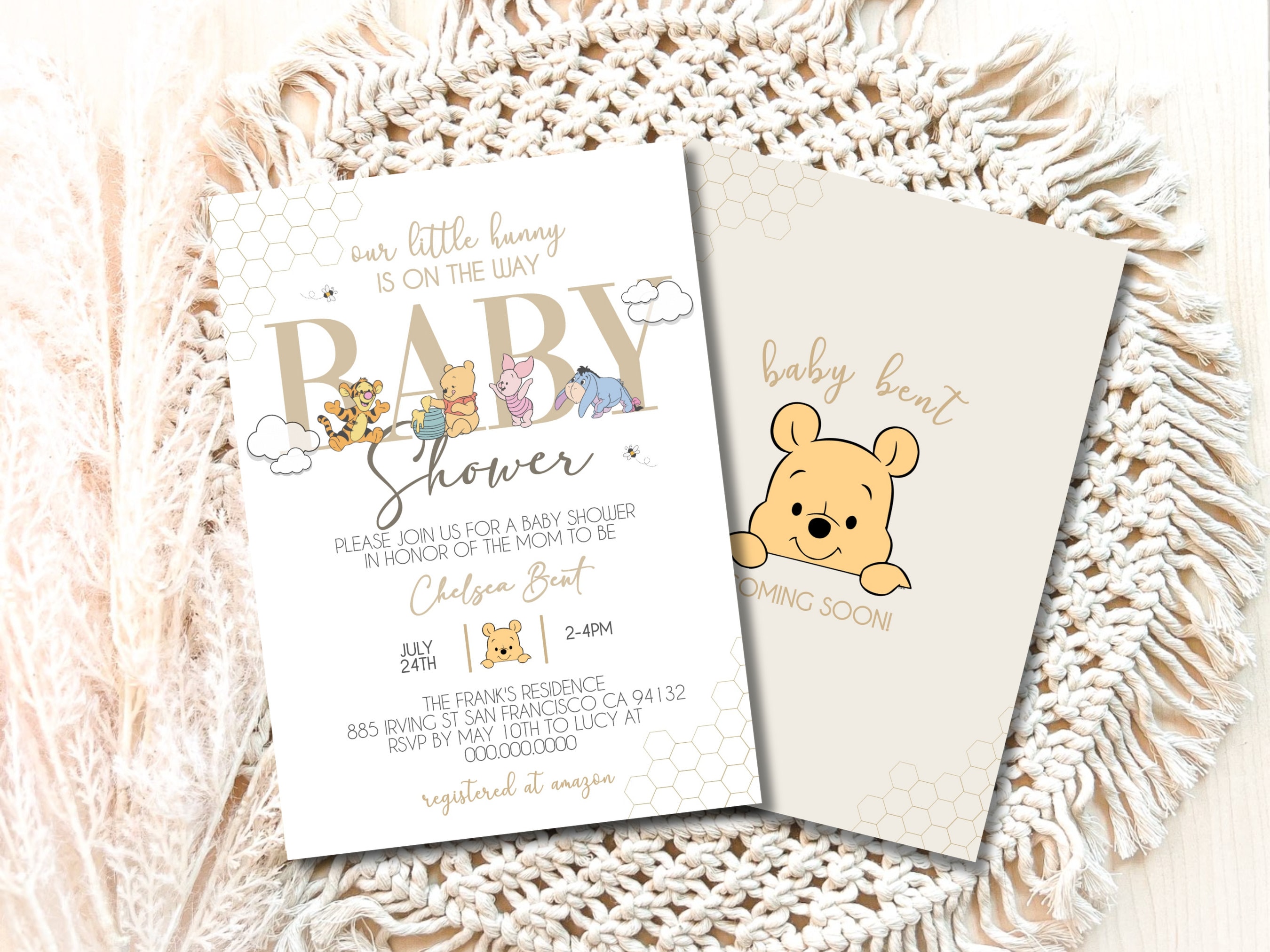 Invito per baby shower a tema Winnie the Pooh, invito per baby shower a tema Winnie the Pooh, decorazioni per baby shower a tema Little Hunny Pooh, do