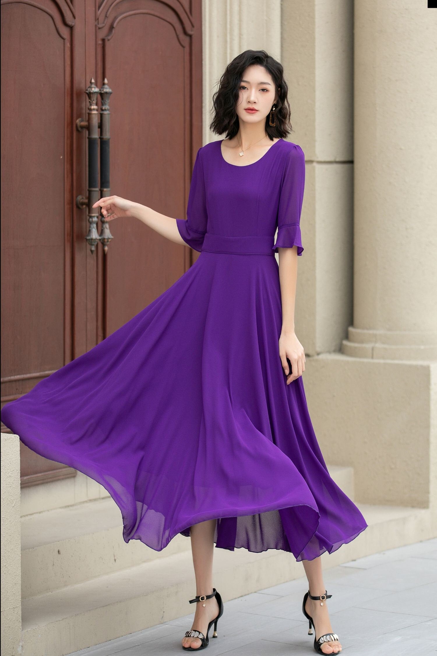 Abito in chiffon da donna, abito estivo in chiffon a trapezio, abito da sposa, abito svasato a ruota, abito in chiffon, abito alla caviglia 2638