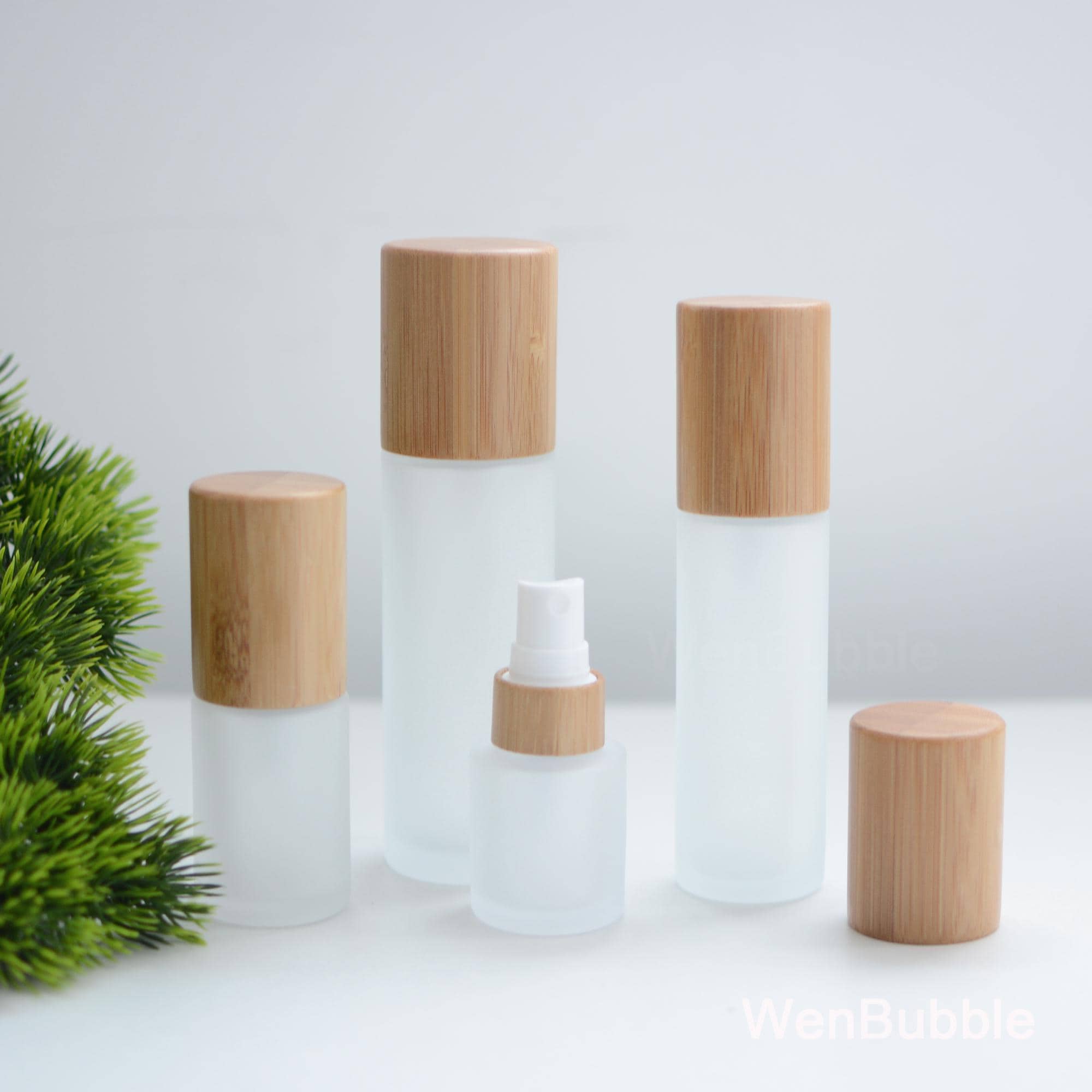 1-200px 20 ml 30 ml 50 ml 100 ml 120 ml 150 ml Flacone spray in vetro satinato in legno di bambù naturale, Flacone con pompa per lozione tonica e olio