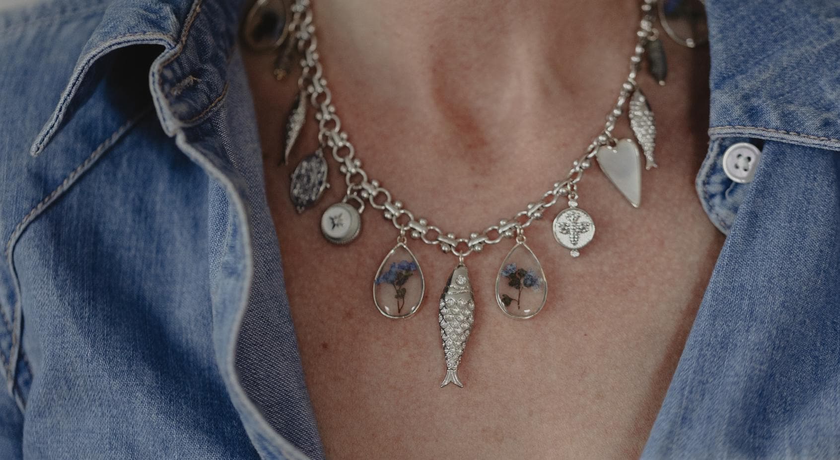 COLLANA CON CIONDOLO IN ARGENTO, Collana con ciondolo a forma di pesce, Collana con ciondolo a forma di fiore, Collana con ciondolo a forma di cuore