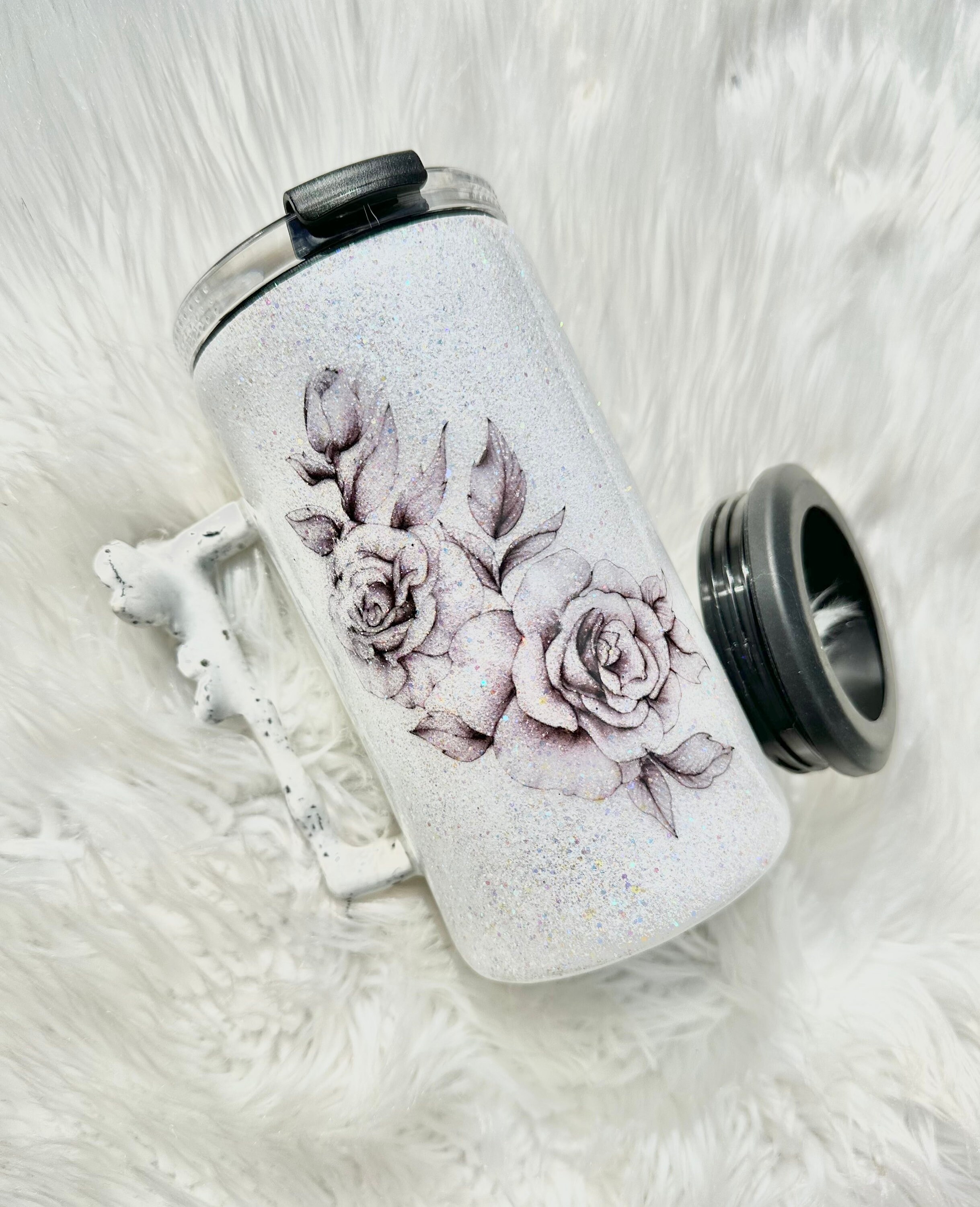 Bicchiere 4 in 1 con glitter bianco floreale: contenitore per lattine e bottiglie in acciaio inossidabile