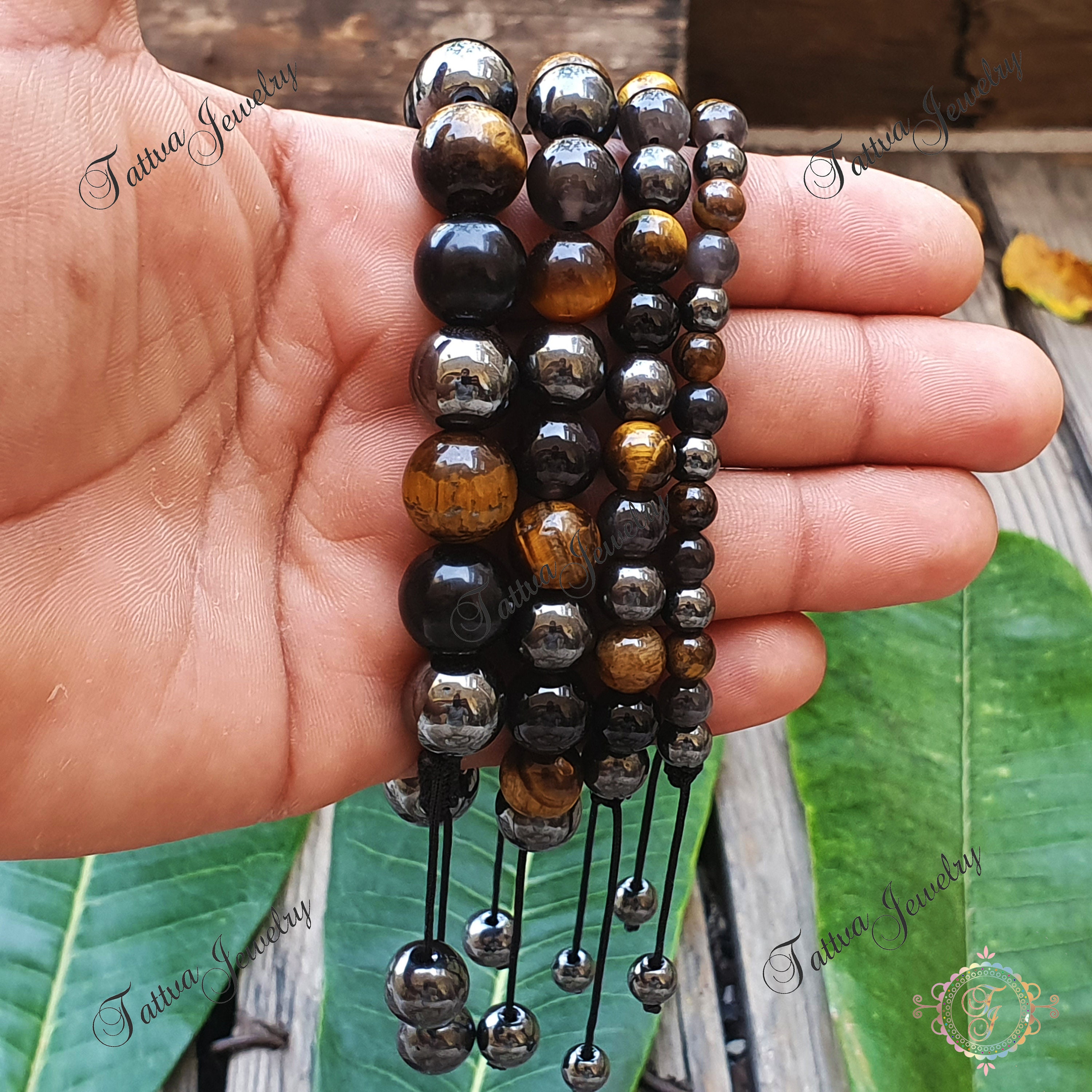 Tripla protezione - Bracciale occhio di tigre, bracciale ematite, bracciale ossidiana, bracciale con pietre miste, bracciale con cristalli a tripla pr