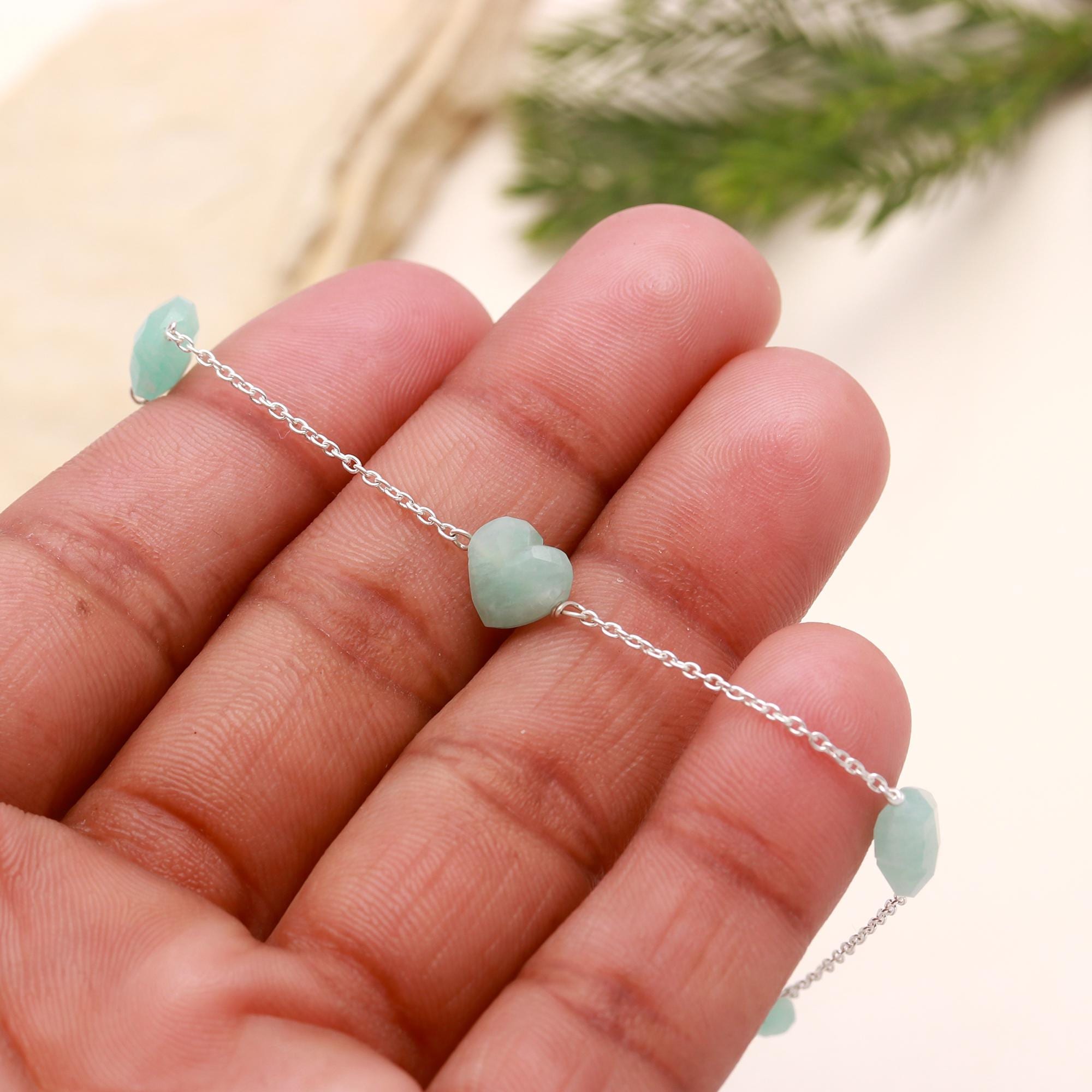 Bellissimo braccialetto con perline a forma di cuore in amazzonite, braccialetto con perline verdi, braccialetto a catena da donna, braccialetto in ar