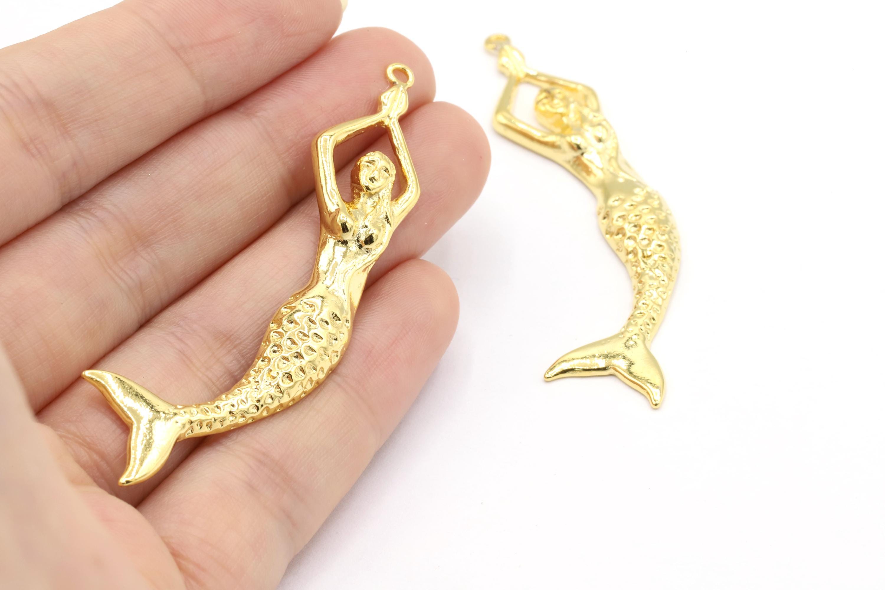 Ciondoli a forma di sirena placcati in oro lucido 24 K da 13 x 61 mm, ciondolo a forma di sirena, ciondolo placcato in oro, ciondoli placcati in oro,