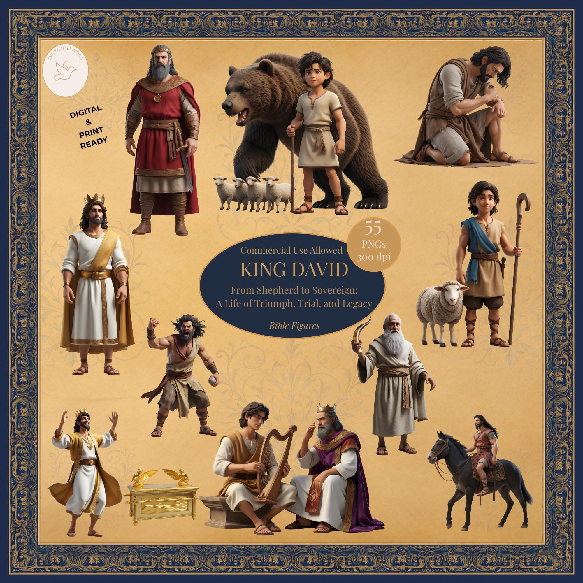 Pacchetto di clipart della Bibbia di Re Davide - Personaggi dell'Antico Testamento / Risorse per lo studio della Bibbia, diario biblico, materiale sta