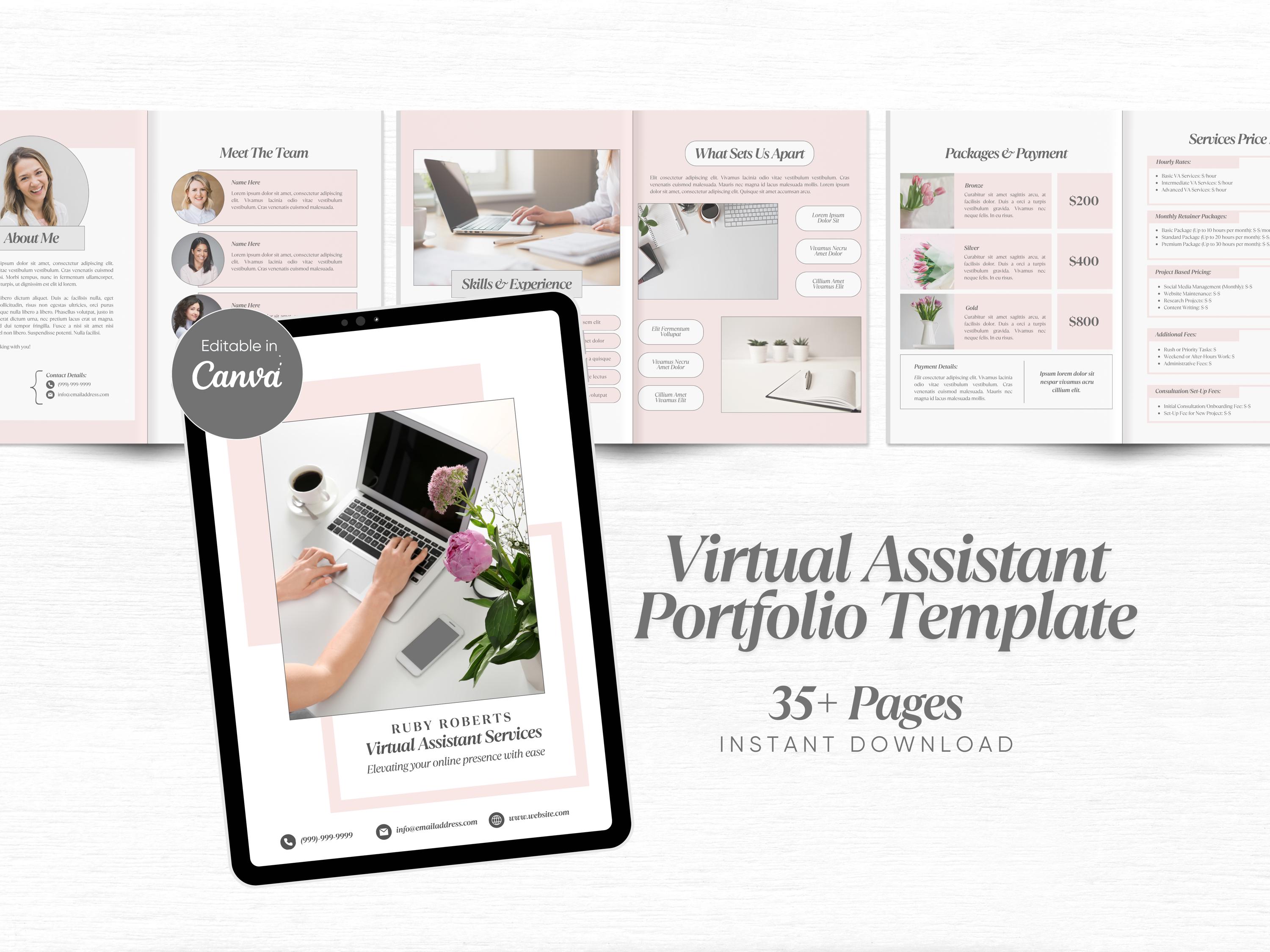 Portfolio di assistenti virtuali Modello Canva per assistenti virtuali Pacchetto di benvenuto per il cliente Guida ai prezzi e ai servizi per il clien