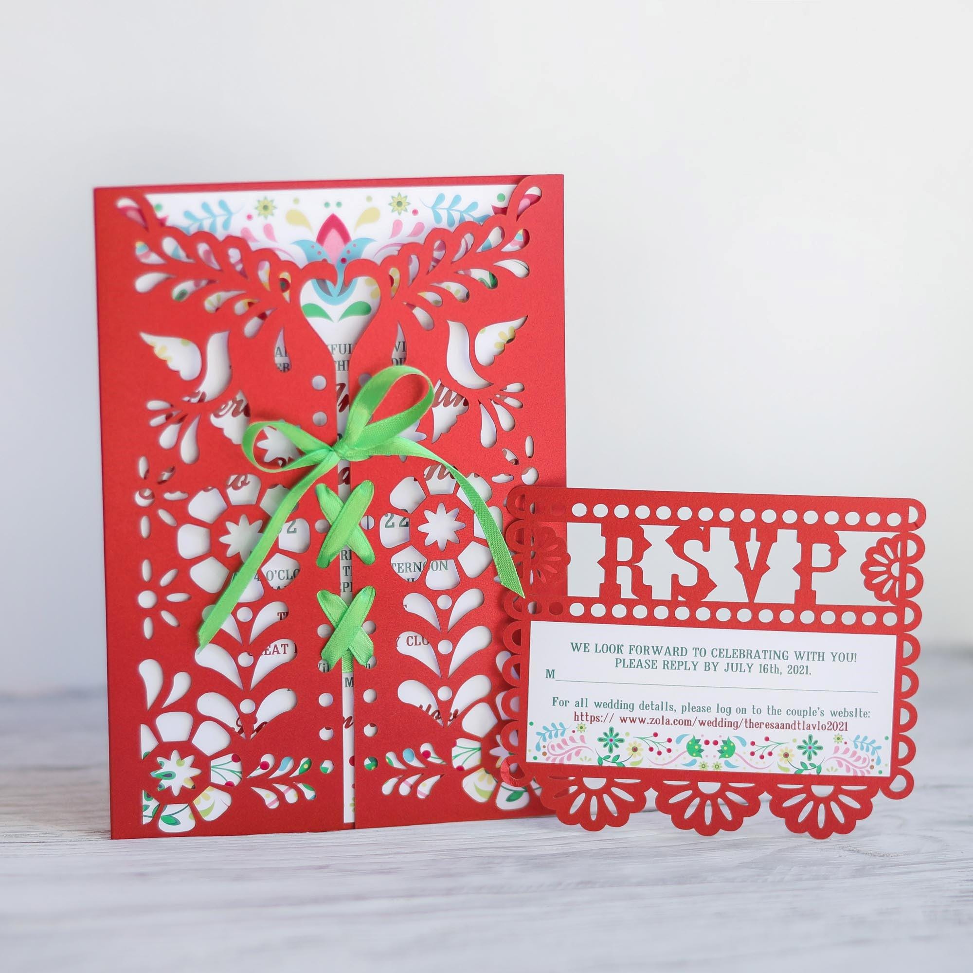 Cricut papel picado messicano svg modello di invito a nozze apribile 5x7 con carta rsvp, invito monogramma Fiesta, cameo papercut tagliato al laser