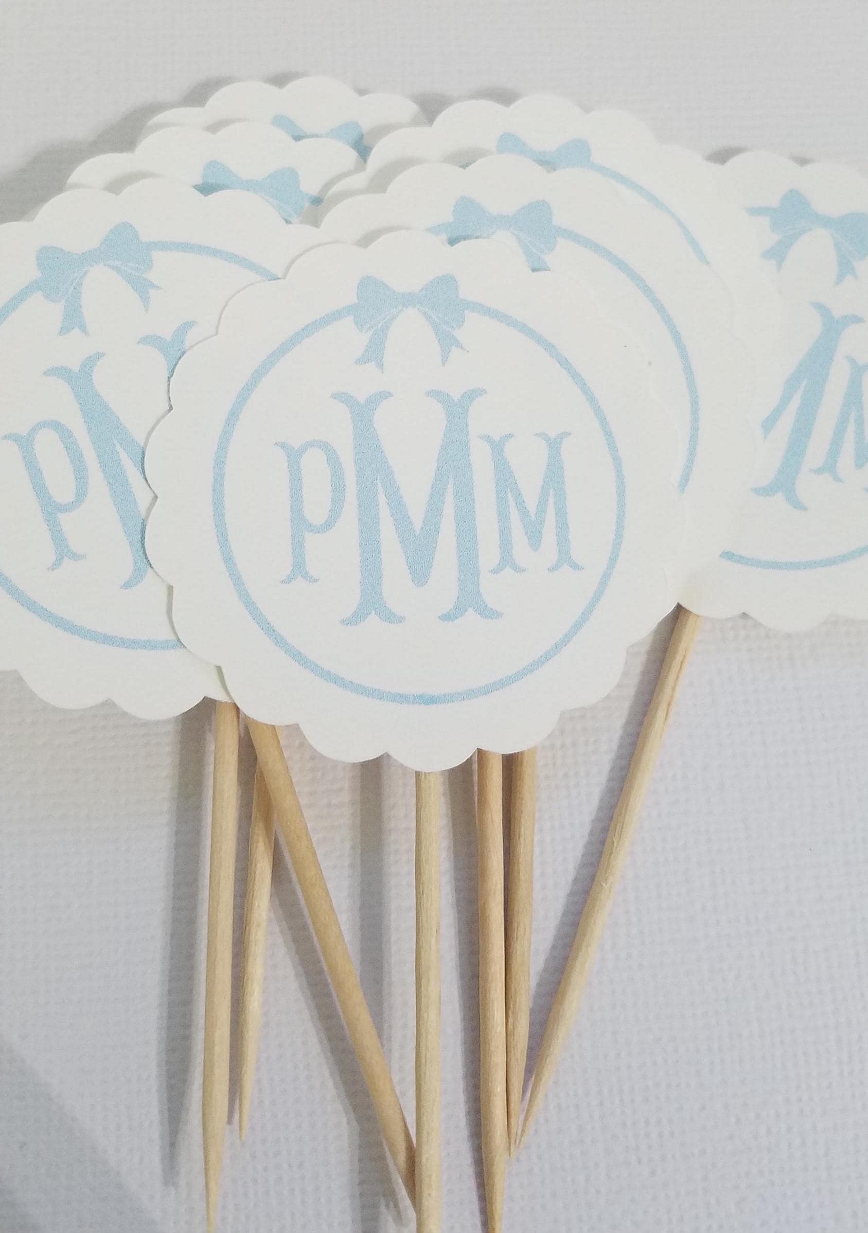 Toppers per cupcake personalizzati, set da 12, topper per cupcake monogramma, fiocco blu, topper per cupcake fiocco