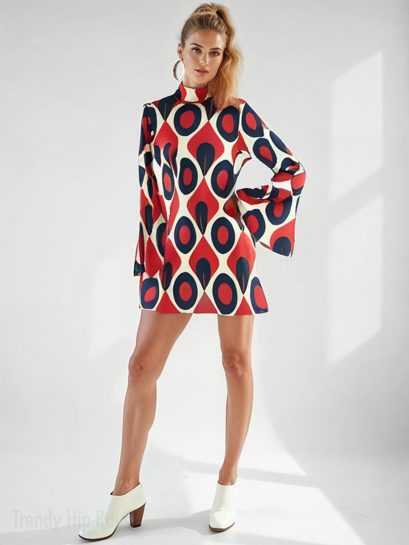 Stile abito anni '70, abito anni '70 con maniche a campana, abito anni '60/'70 in stile anni '70 / abito mod con collo alto / mini abito in chiffon re