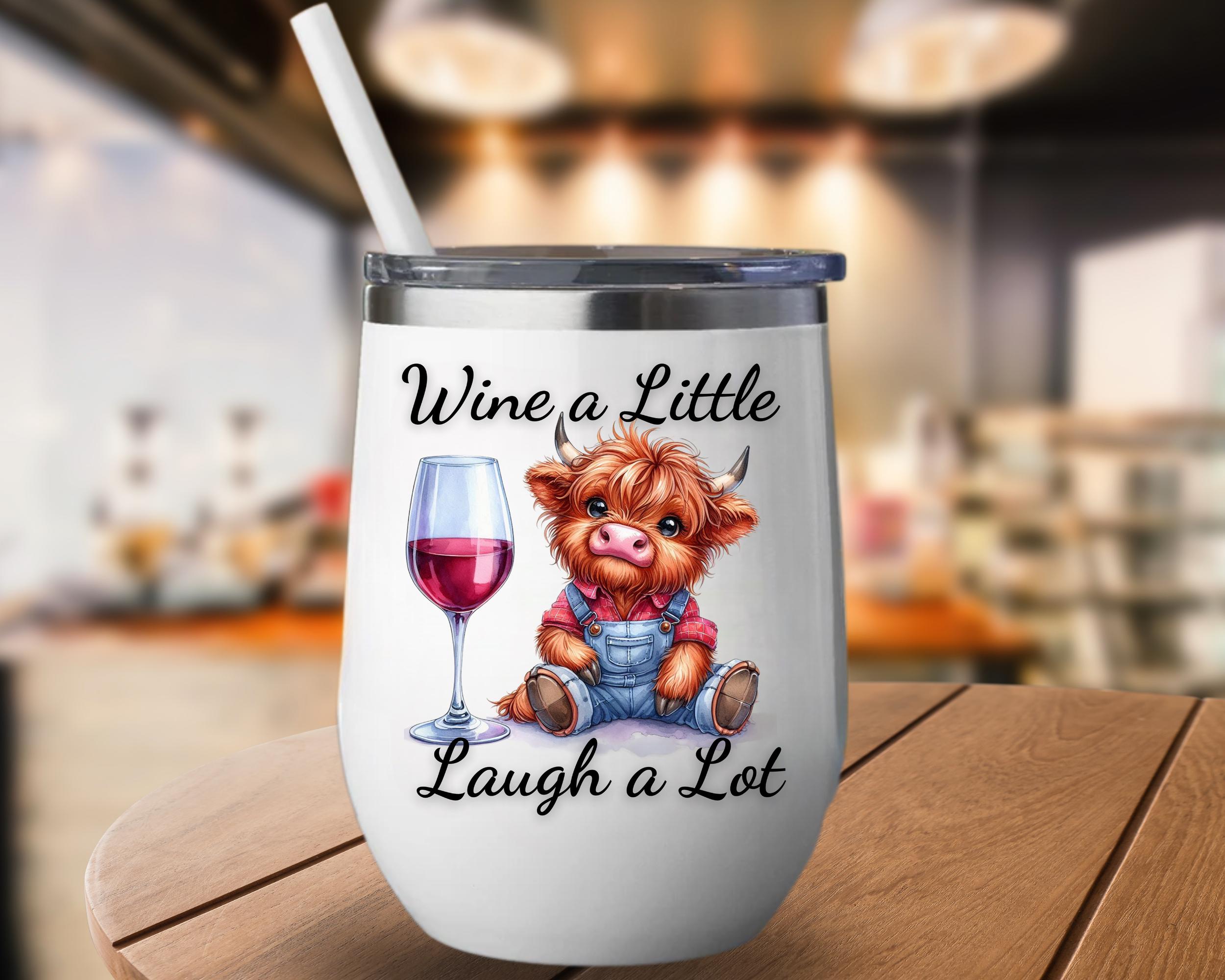 "Bicchiere da vino senza stelo \"Wine a Little\", Bicchiere da vino senza stelo, Modello di bicchiere da vino Highland Cow, Rivestimento per bicchiere se"