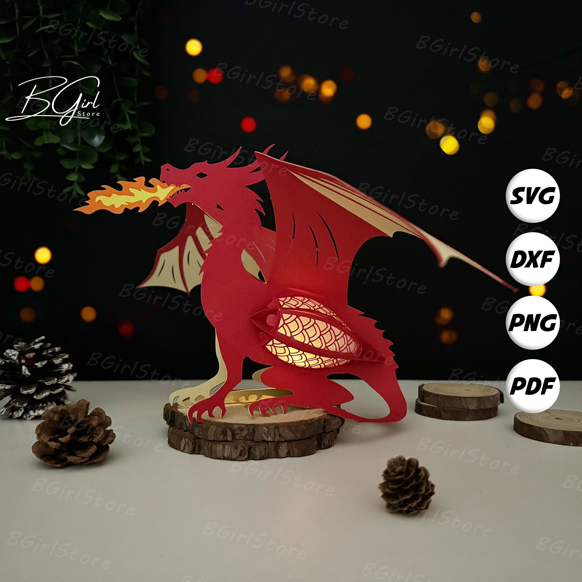 Lanterna a forma di drago in formato PDF, SVG, modello da studio - Modello fai da te in carta ritagliata a forma di drago - Lanterna a forma di drago