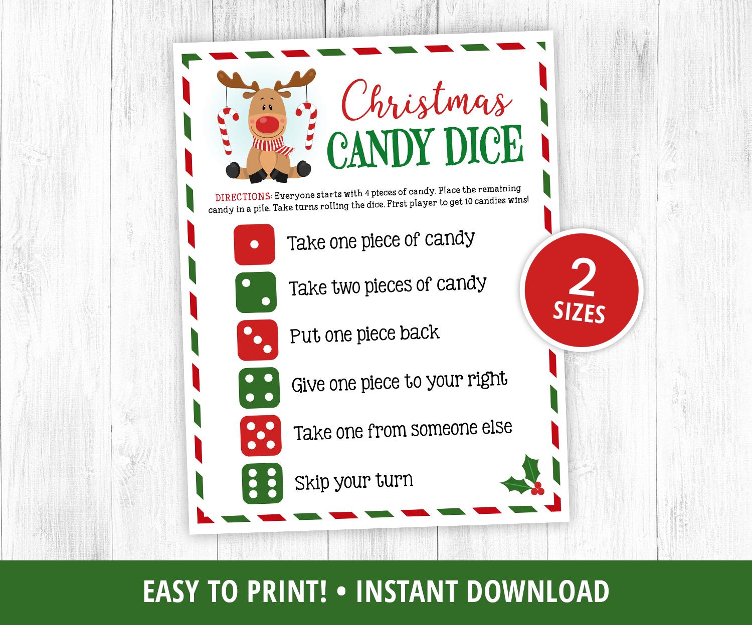 Gioco di dadi natalizi con caramelle, giochi di Natale per bambini, gioco di Natale stampabile, attività divertente, gioco in classe, gioco di dadi, D