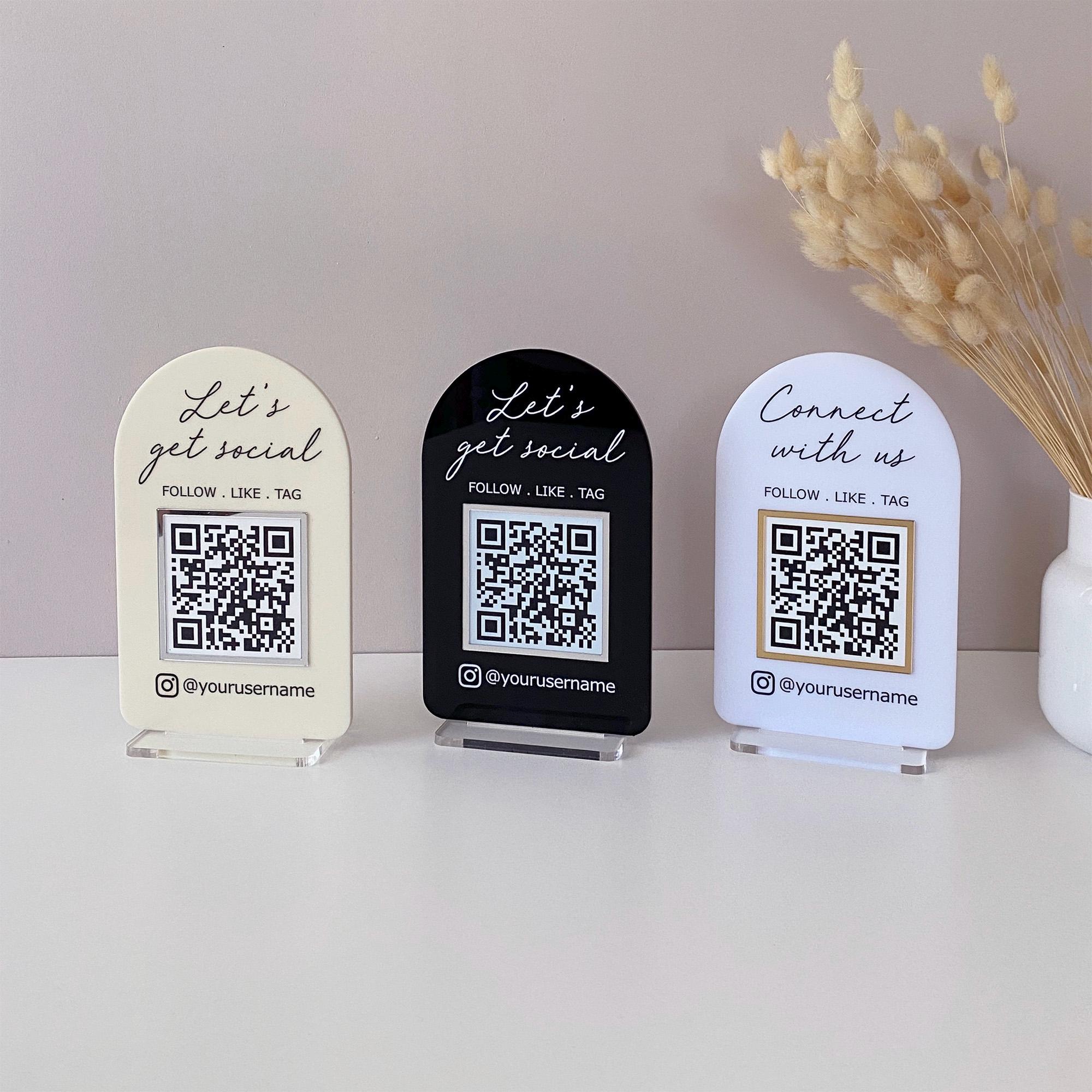 Cartello con codice QR per social media ad arco / Cartello aziendale minimalista / Cartello in acrilico per piccole imprese / Cartello personalizzato