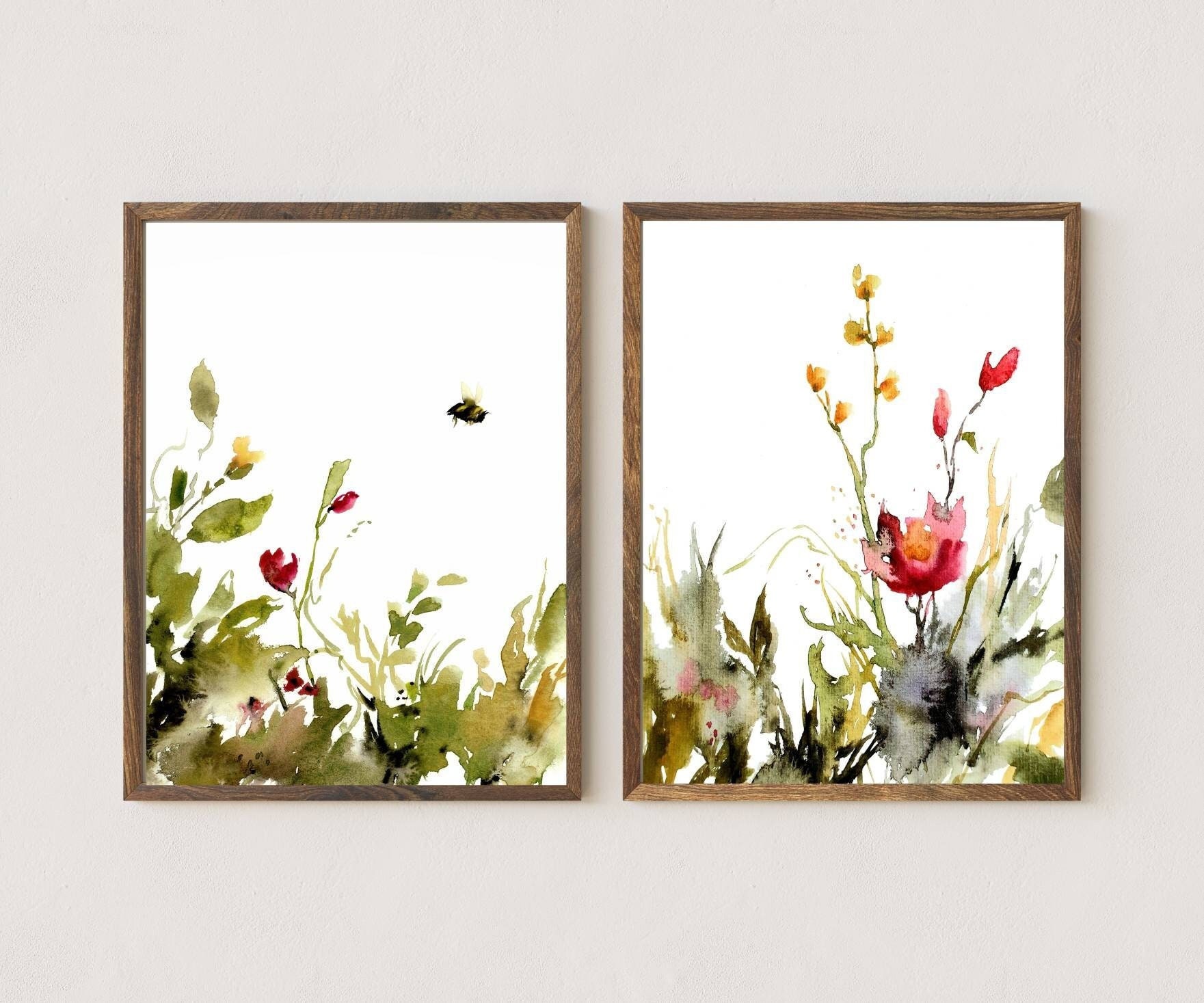 Fiori Immagini Set Acquerello Rosa Rosso Giallo Verde Fiori selvatici Poster Acquerello Immagini Art Print Bumblebee Picture Flower Meadow Wall Art Se