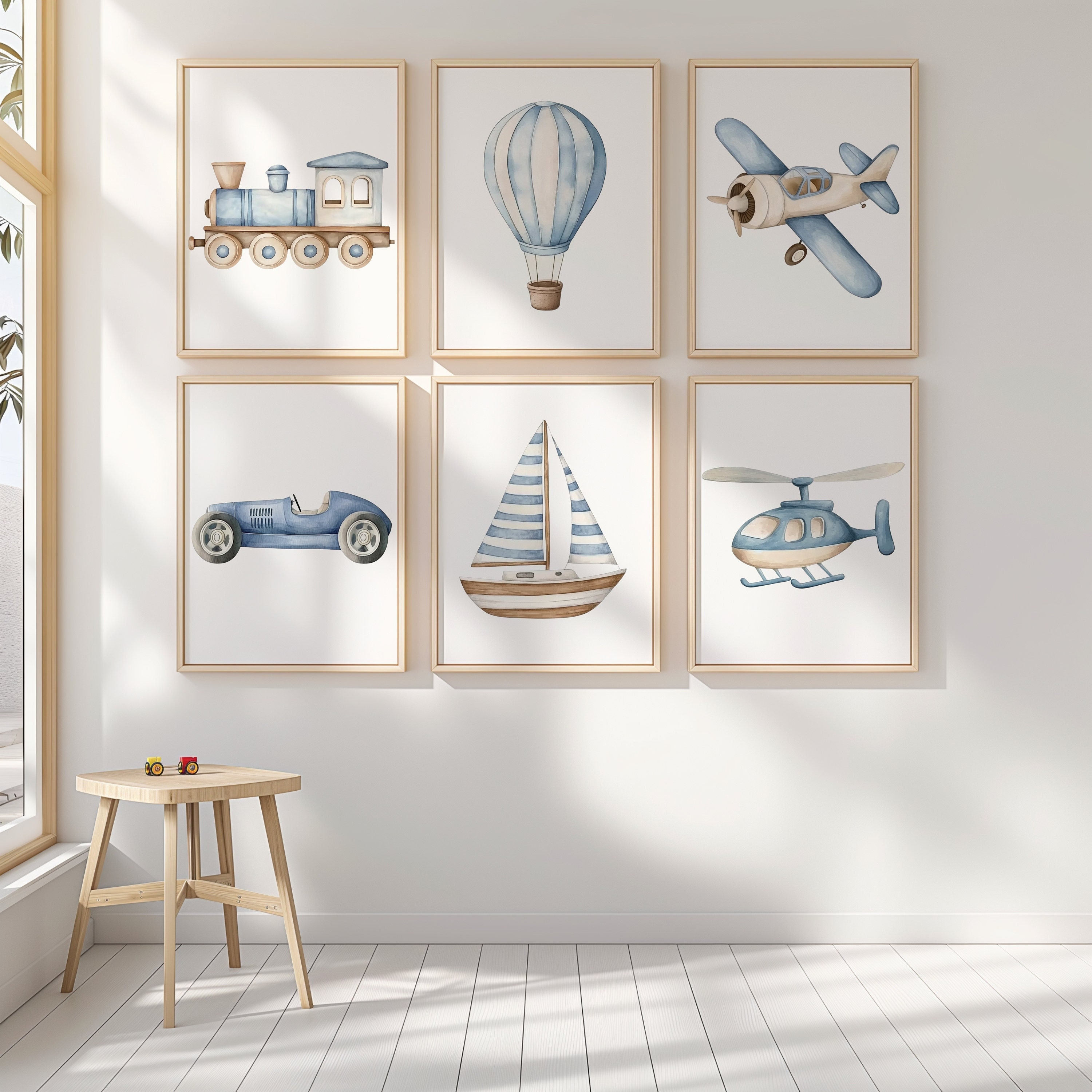 Stampe artistiche di veicoli, set da 6, decorazioni murali per la cameretta dei bambini, decorazioni stampabili per la cameretta dei bambini con mezzi