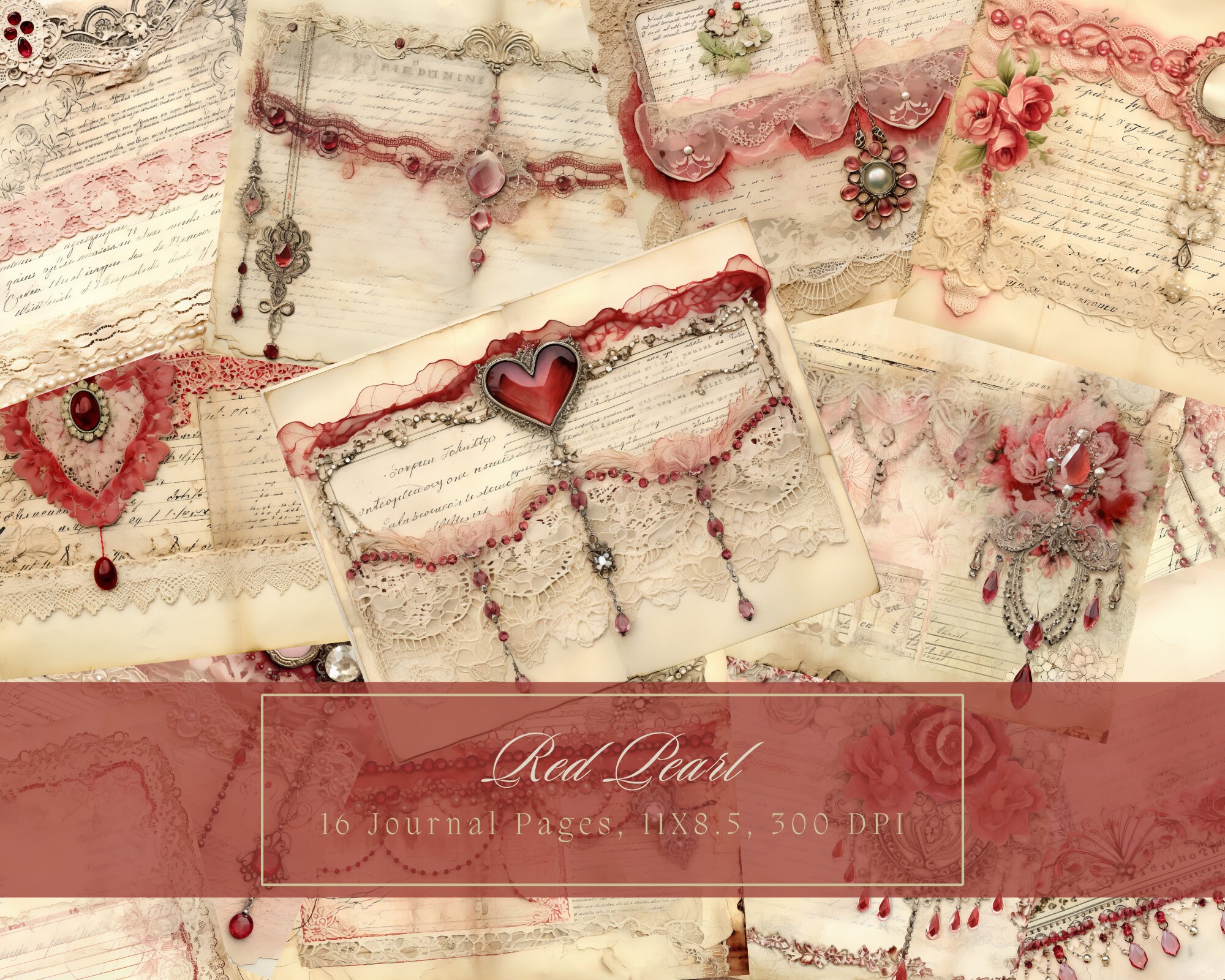 Shabby Chic Junk Journal Kit Rosso Vintage Pizzo Effimera Collage Fogli Stampabili Fiore Beige Carta Digitale Scrapbooking Pagine Floreali Perla