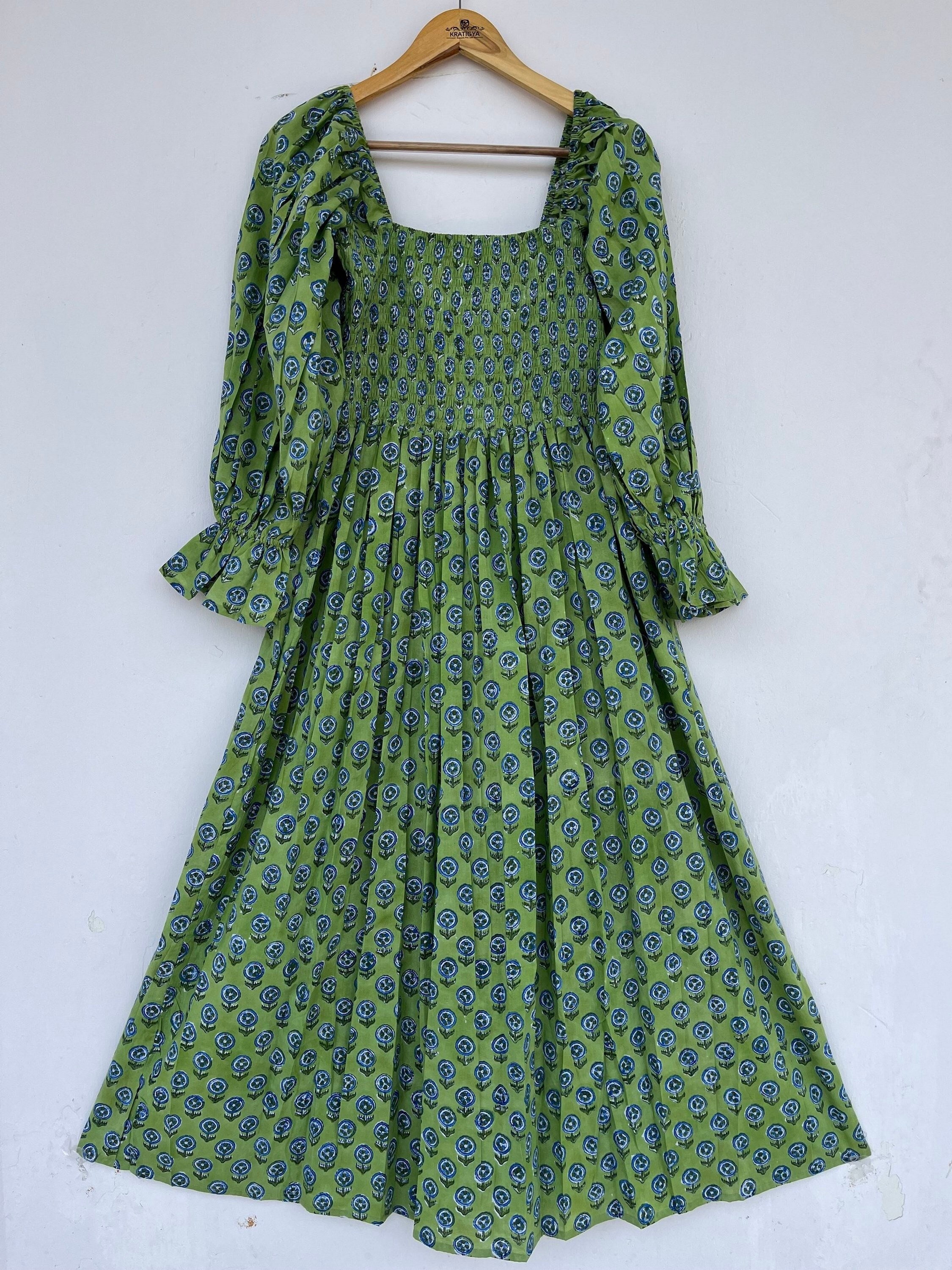 Abito lungo verde stampato a mano con blocchi di legno / abito lungo arricciato / abito lungo in cotone / abito boho