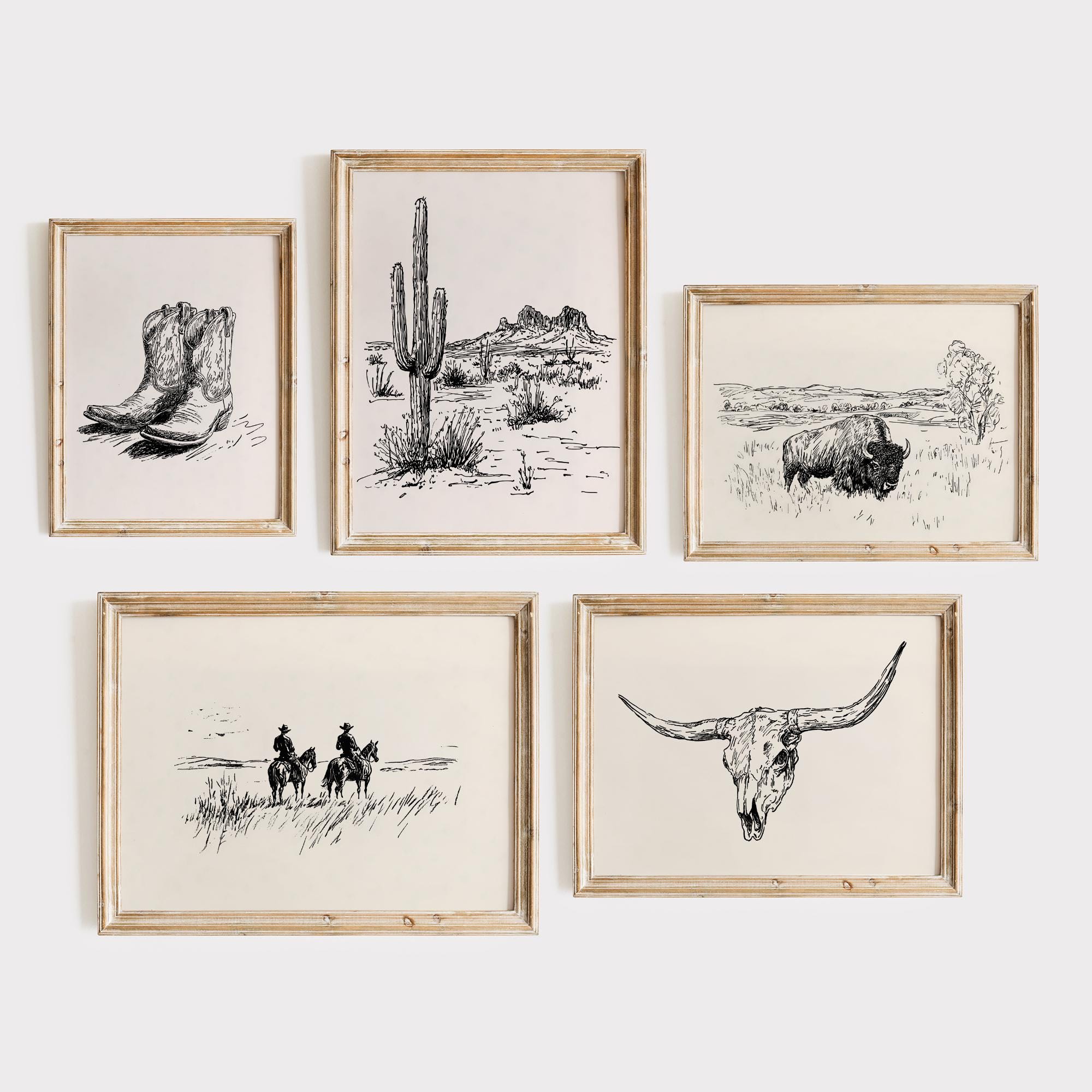 Set di 5 stampe da parete a tema western, con schizzi di cowboy vintage, set di stampe da parete western vintage, stampe del selvaggio West, download