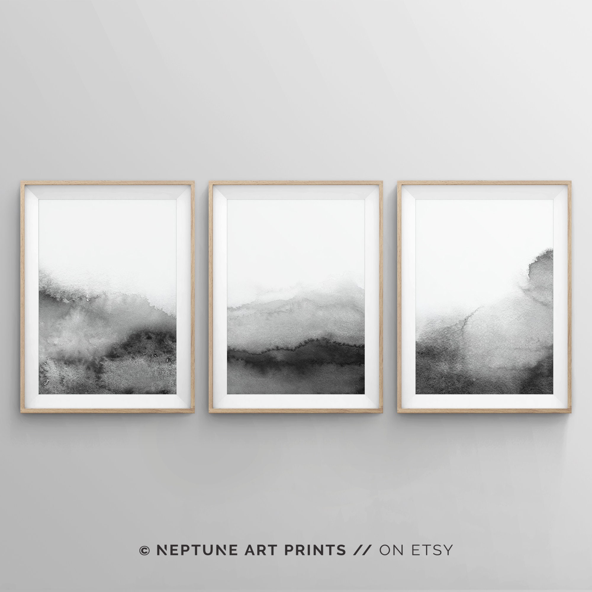 Set di 3 stampe in bianco e nero, set di stampe astratte stampabili, arte murale in bianco e nero, arte ad acquerello moderno grigio, set di stampe da