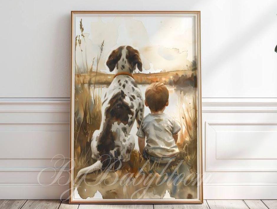 Arte per cameretta con cane da caccia tedesco a pelo corto, stampa con bambino e cane, acquerello con cane da caccia tedesco, decorazione murale per c