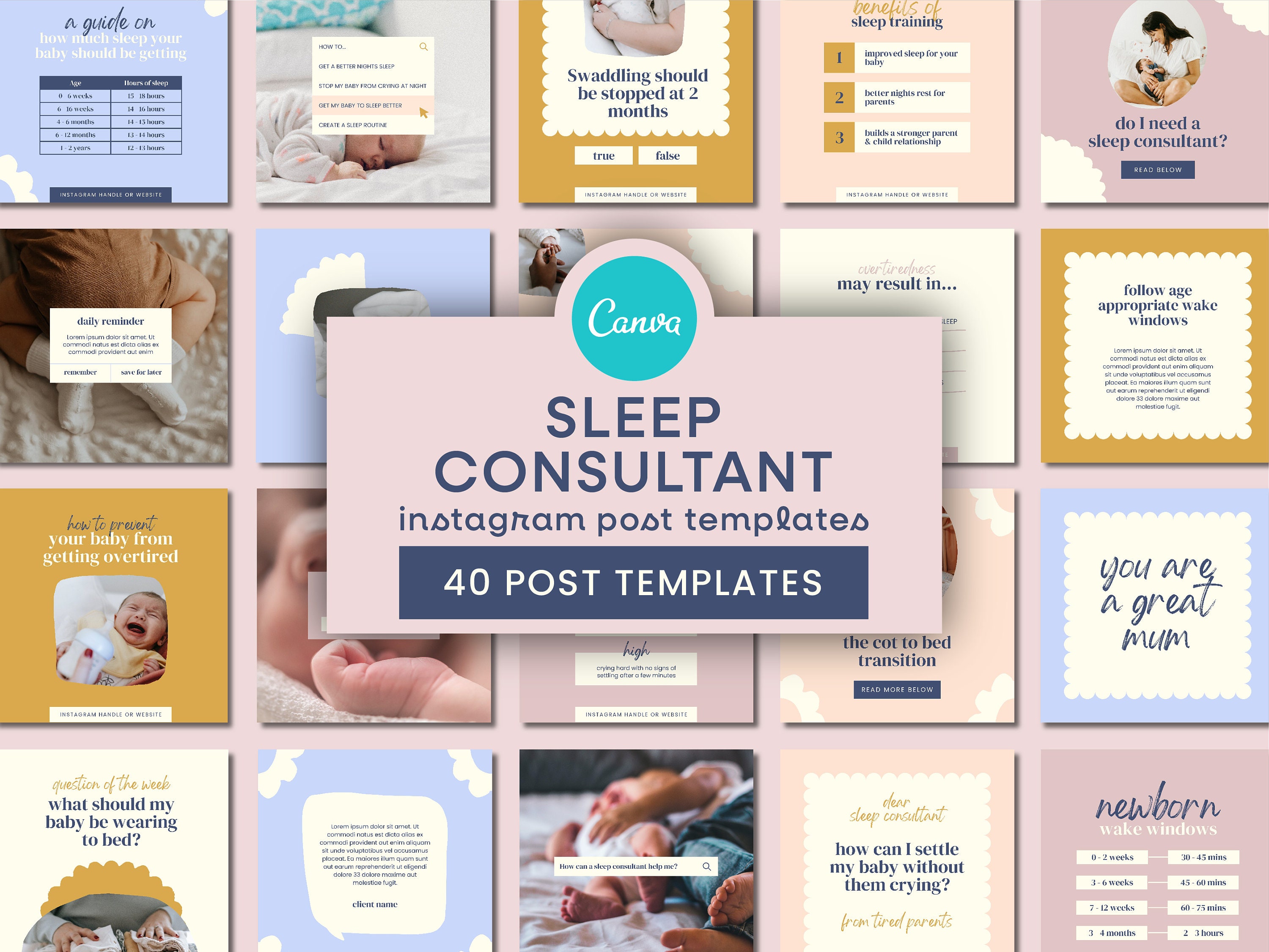 Modelli Instagram per consulenti del sonno / Post Instagram per coach del sonno Canva, Modelli Instagram pastello, Instagram per infermieri dei bambin
