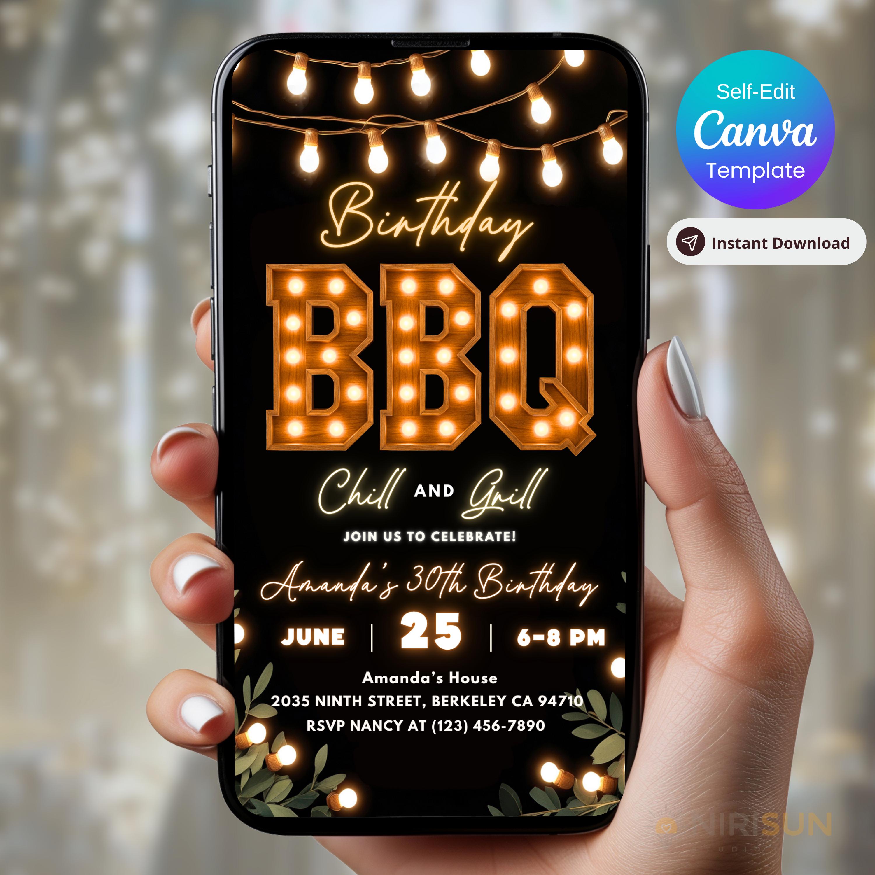 Invito di compleanno per barbecue, modello modificabile Canva, invito digitale per festa barbecue in giardino rustico, invito di compleanno animato pe