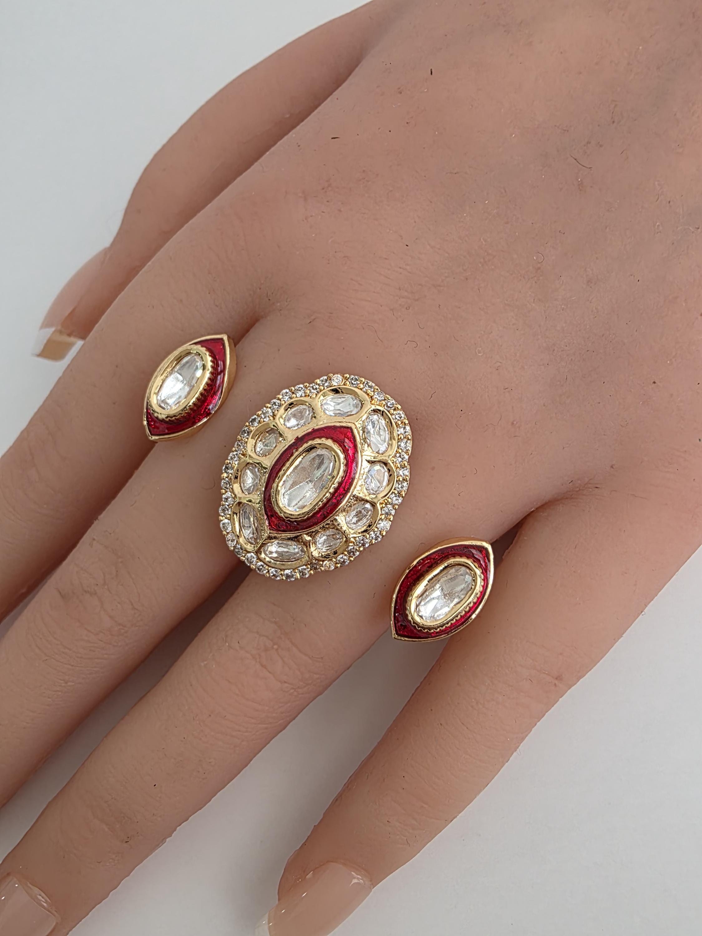 Anello Kundan con moissanite fine in rubino da sposa/Anello regolabile a due dita/Anello importante, Gioielli indiani/Anello a due dita, Anello da coc