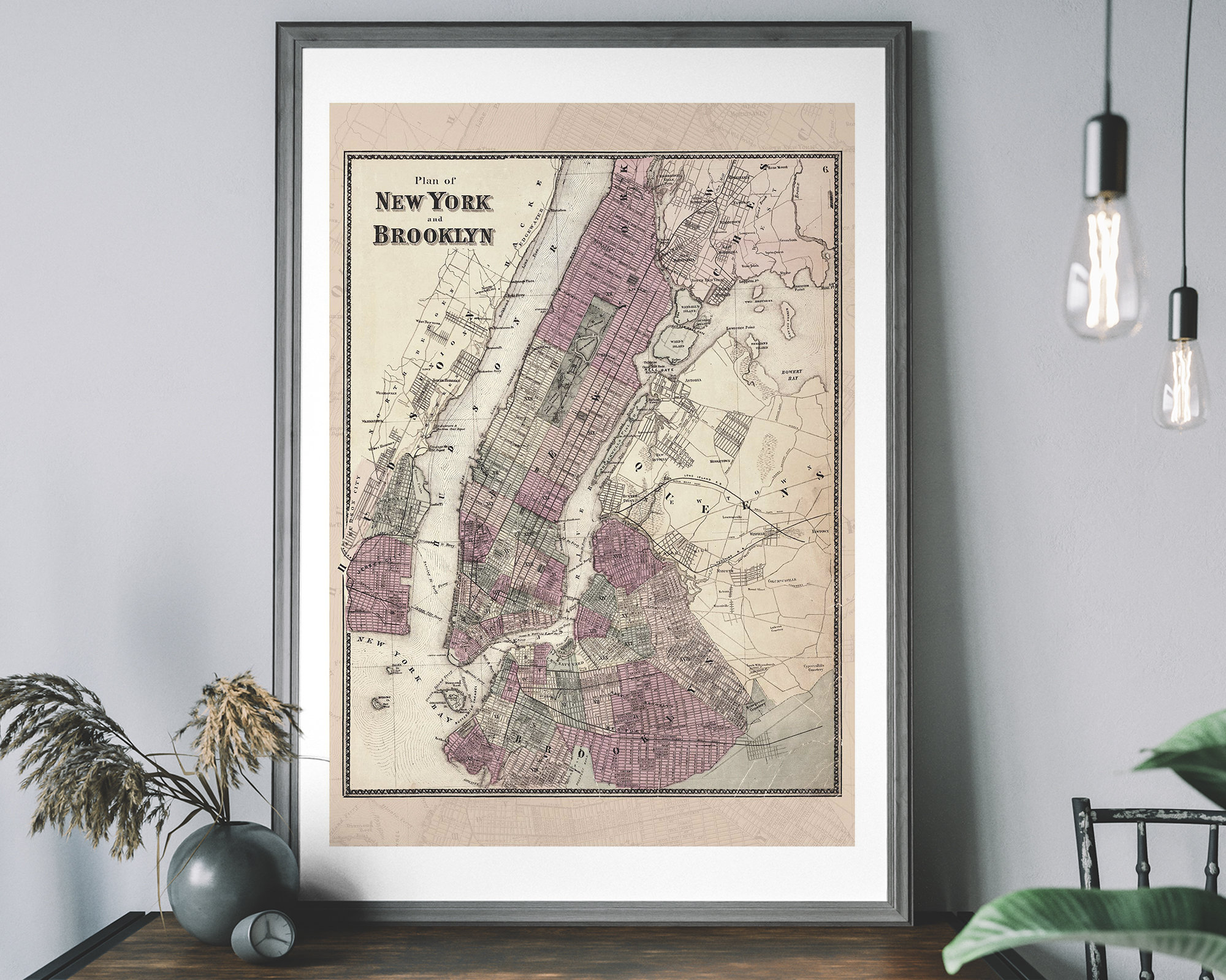 Mappa vintage di New York City - Mappa di New York, poster di viaggio antico, mappa di Brooklyn da parete, decorazioni per città retrò, vecchi quartie