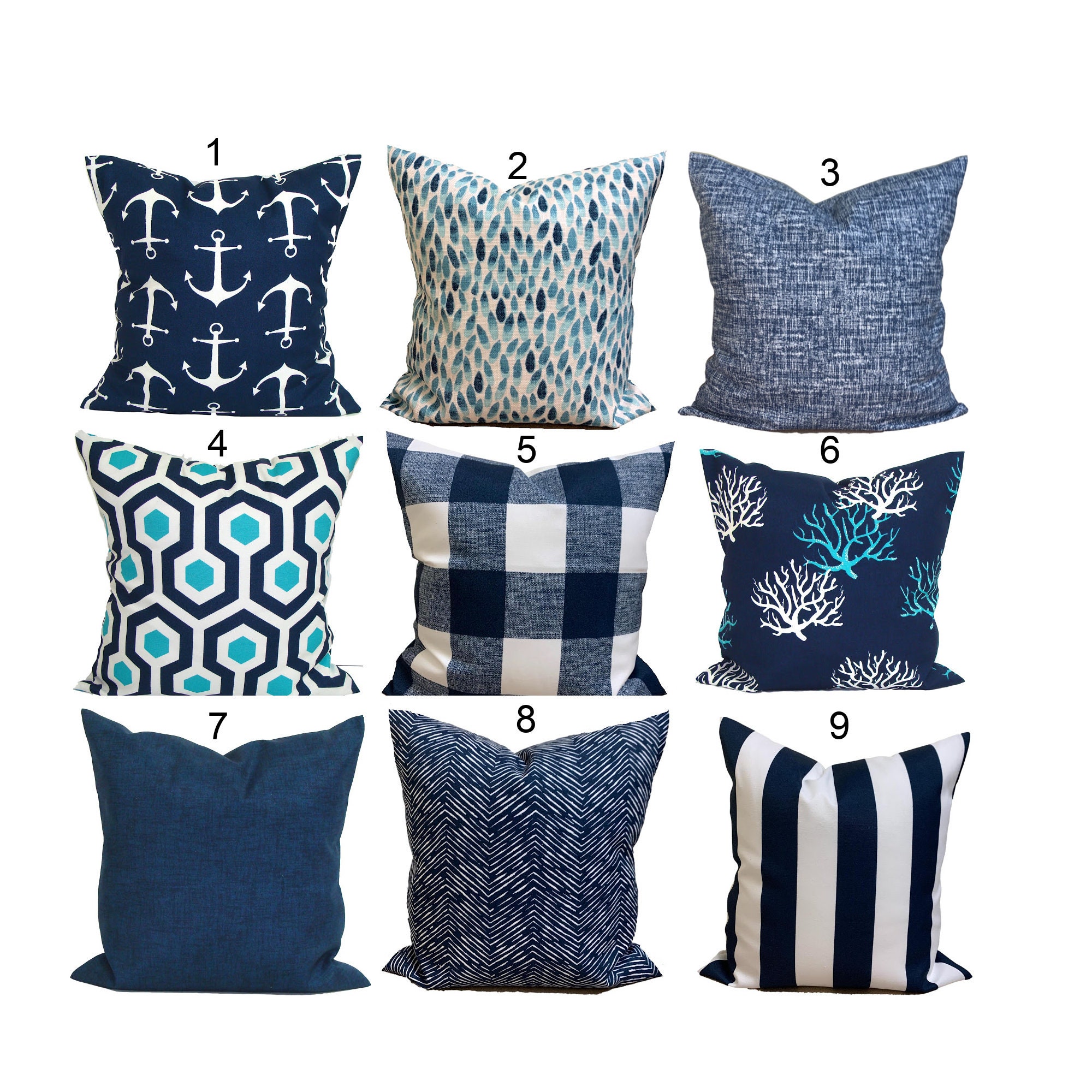 Fodere per cuscini da esterno blu, fodere per cuscini blu da esterno, fodere per cuscini nautici per imbottiture di cuscini 20x20, 16x16, 18x18, tutte