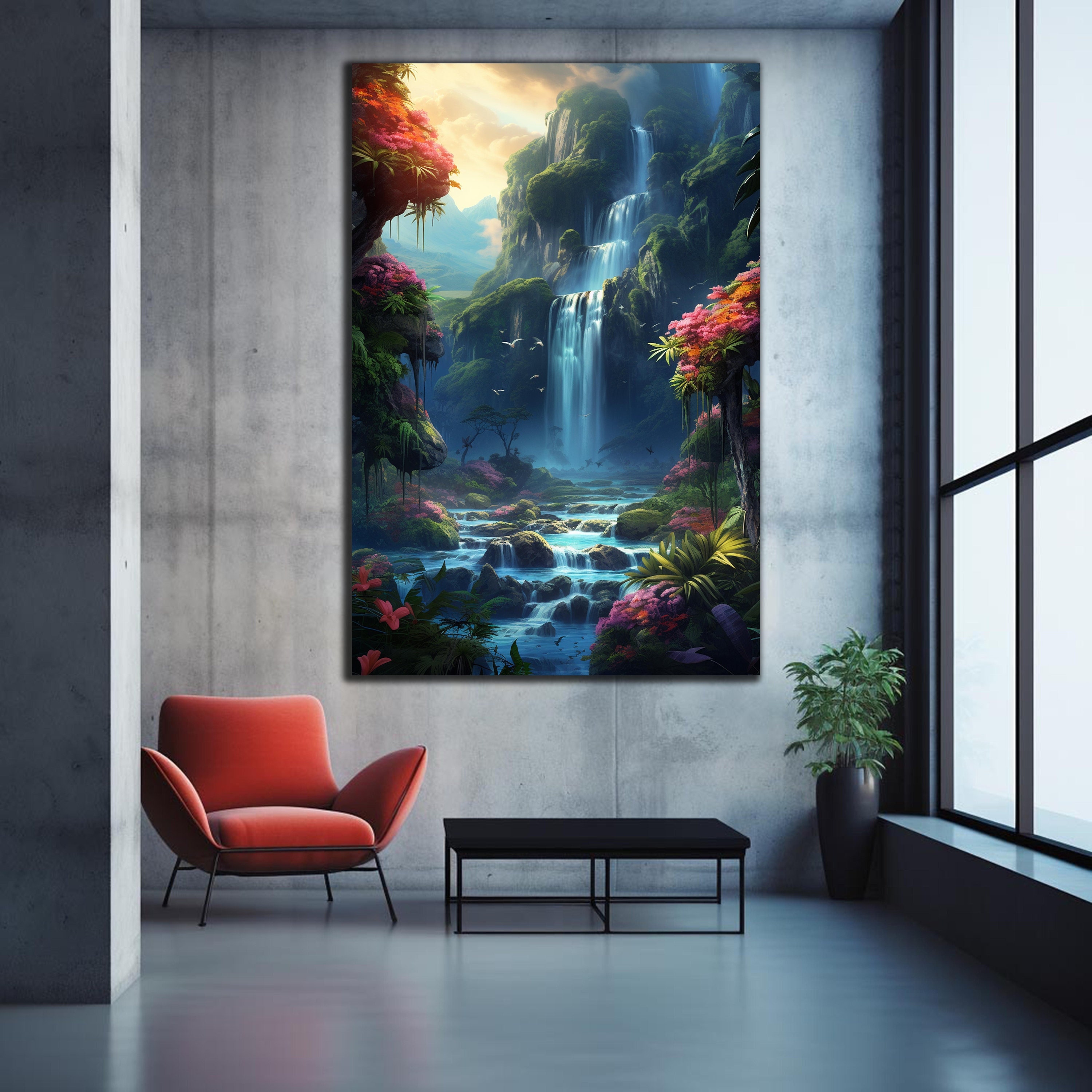 Arte murale a cascata, arte murale in vetro temperato, stampa su vetro, grande arte murale in vetro, arte moderna in vetro, arazzi, arte murale paesag