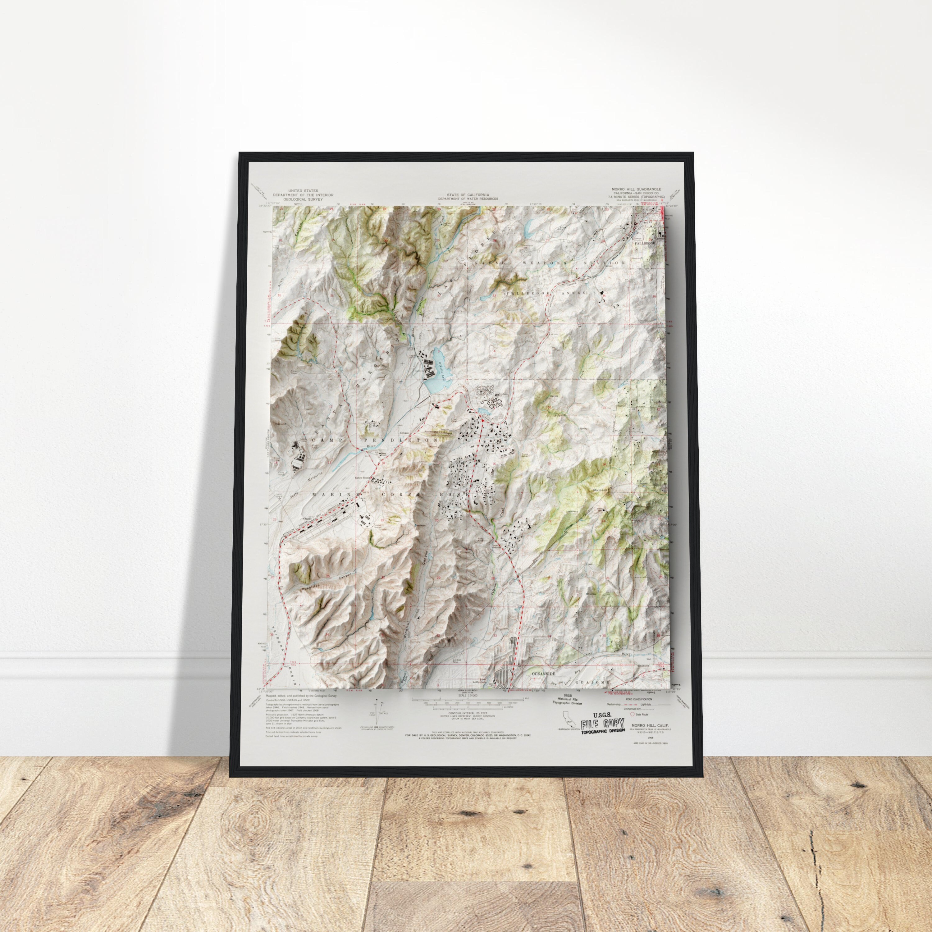 Mappa di Camp Pendleton - Stampa topografica in rilievo d'epoca, mappa altimetrica artistica per casa e ufficio, opera d'arte di storia militare