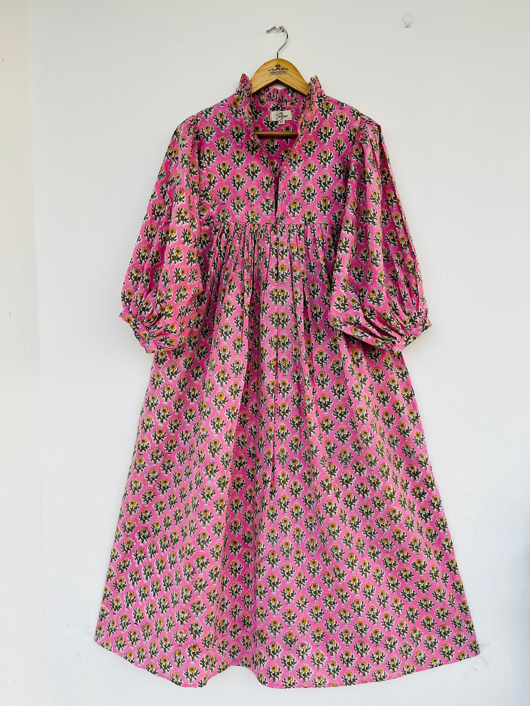 Abito lungo estivo - abito lungo con scollo a V - abito lungo boho con maniche a 3/4 - abito lungo con stampa a blocchi