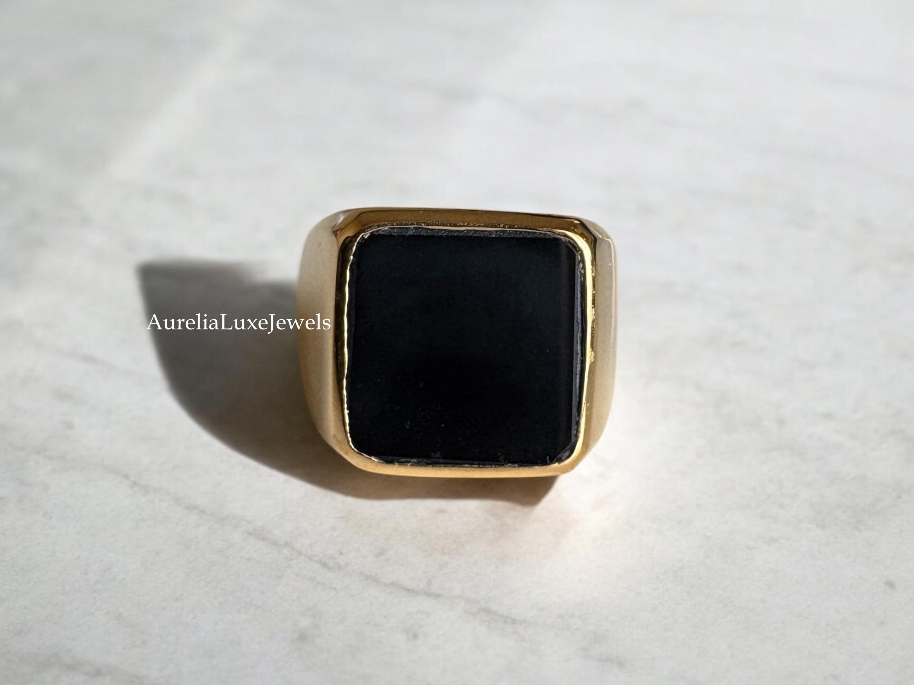 Anello con sigillo in onice nero, anello con sigillo, anello in argento sterling massiccio 925, anello riempito in oro 22 carati, anello in argento fa