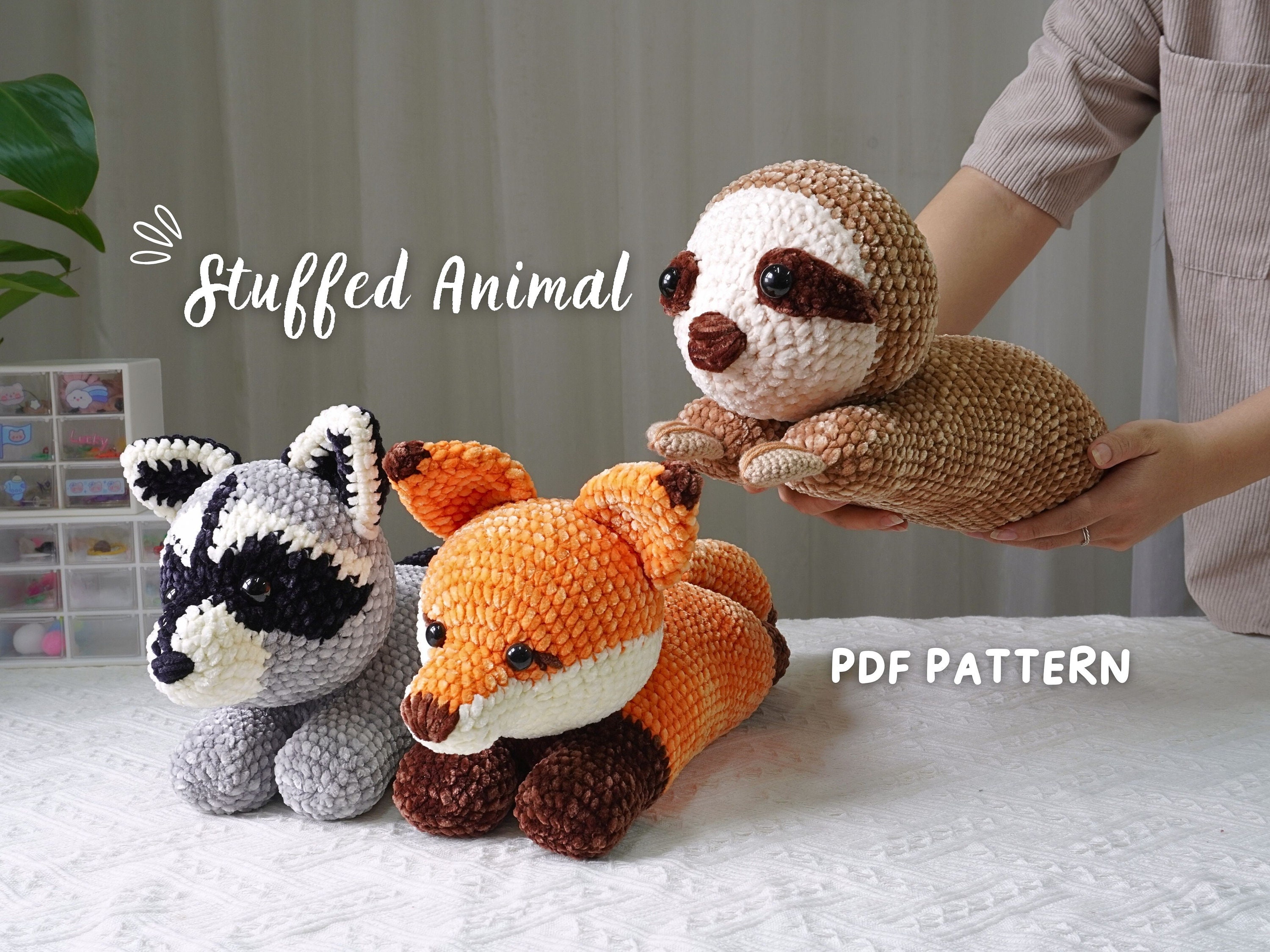 Schema all'uncinetto Amigurumi 3 in 1, schema all'uncinetto bradipo, schema all'uncinetto procione, schema all'uncinetto volpe, schema all'uncinetto a