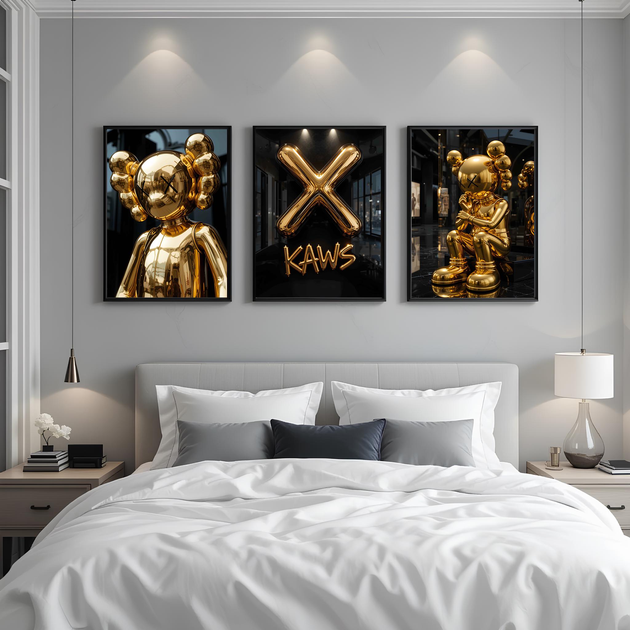 Poster Hypebeast Gold, set di 3, KAWS dorati, poster graffiti, poster HypeBeast Kaws, arte murale Kaws, decorazioni per la stanza Kaws, decorazioni pe