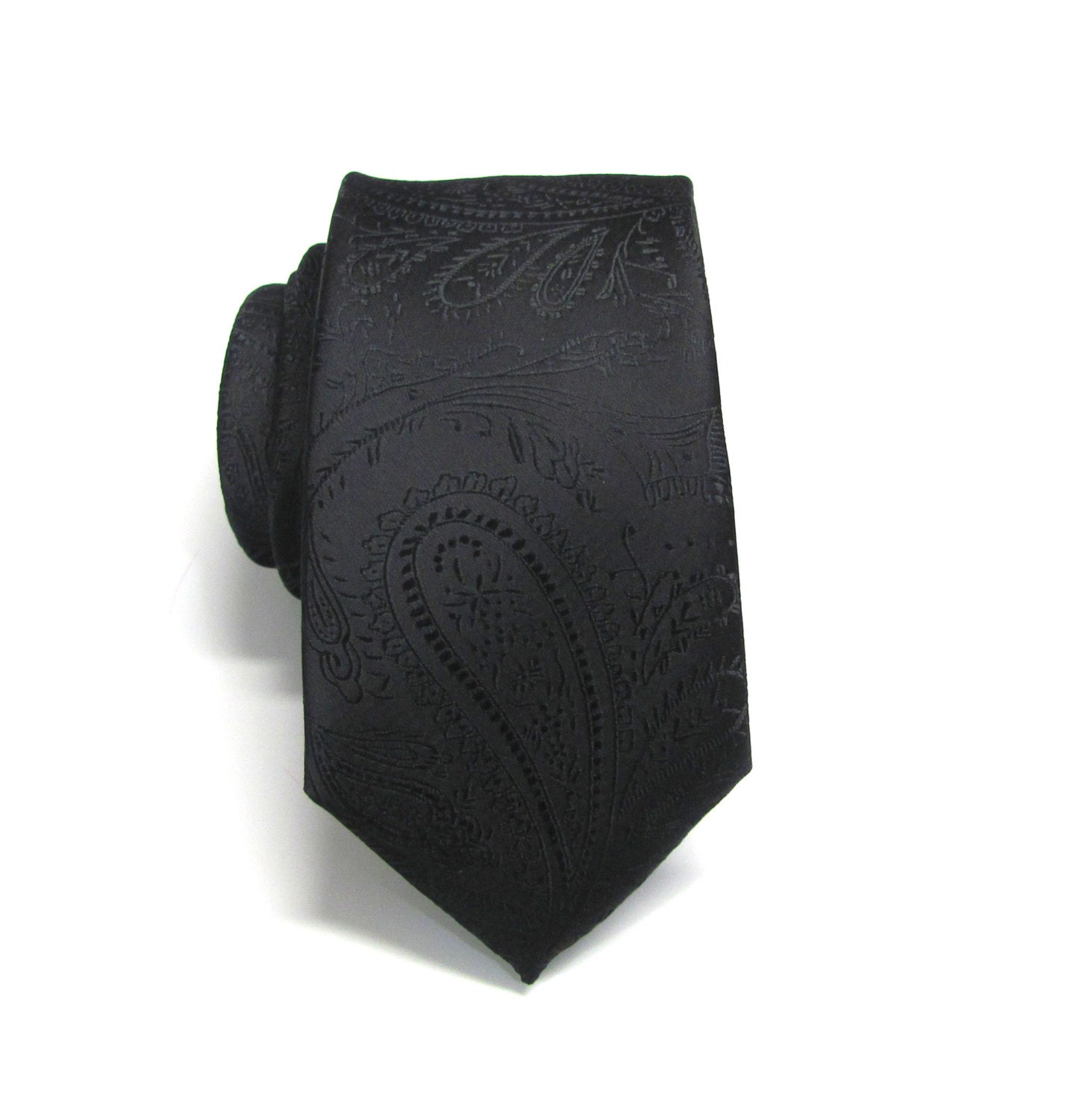 Cravatta sottile. Cravatta da uomo nera Paisley Cravatte sottili da uomo con opzione fazzoletto da taschino abbinato